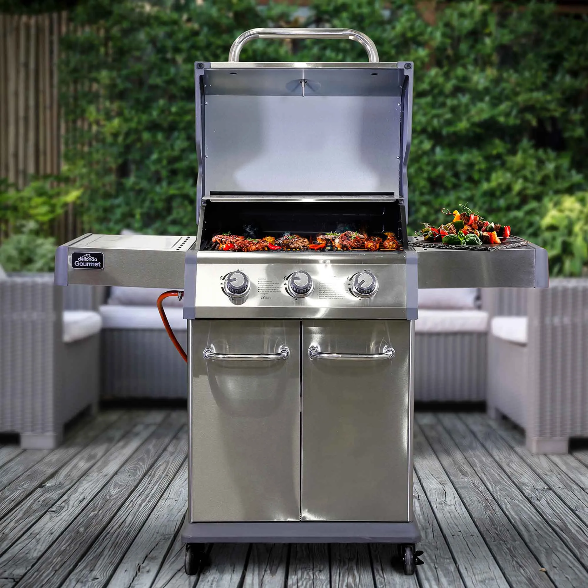 3 Burner Deluxe Gas BBQ Grill with Piezo Ignition, Water Resistant Cover, Stainless Steel - DG230