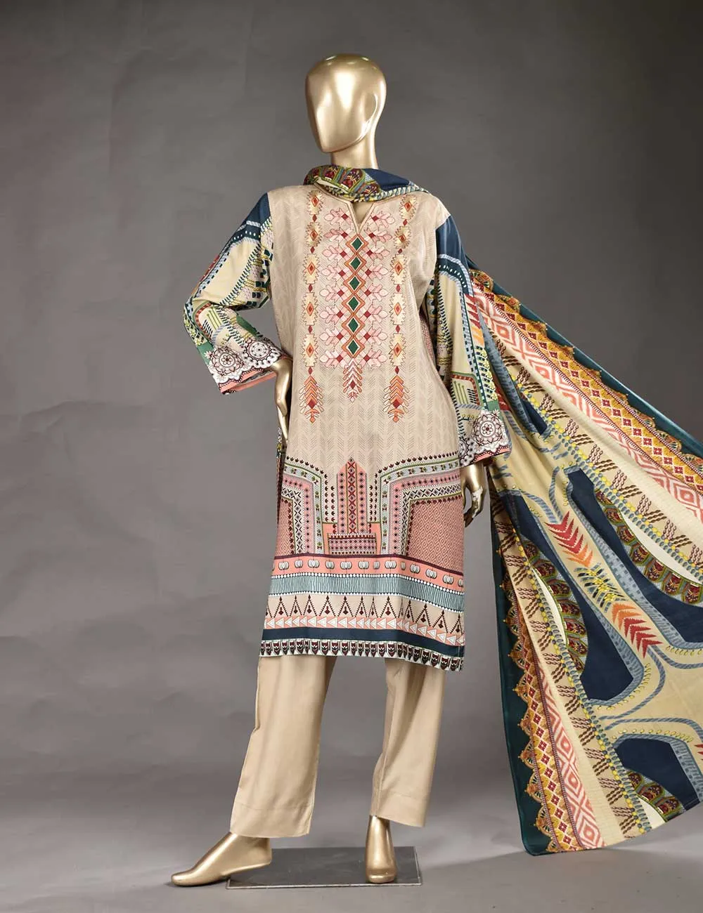 3 Pc Unstitched Linen Printed &amp; Embroidered Dress with Printed Wool Shawl Dupatta - Au-Naturel (KL-05)