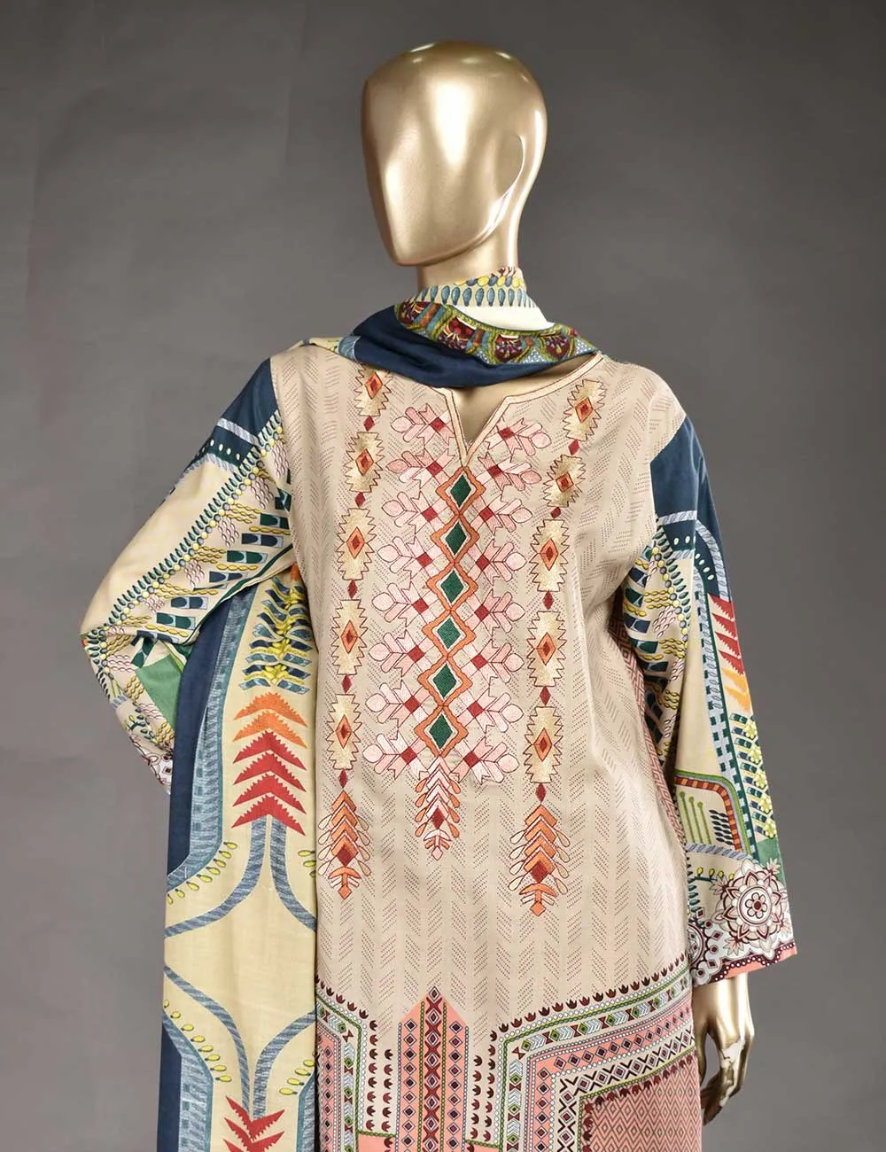 3 Pc Unstitched Linen Printed &amp; Embroidered Dress with Printed Wool Shawl Dupatta - Au-Naturel (KL-05)