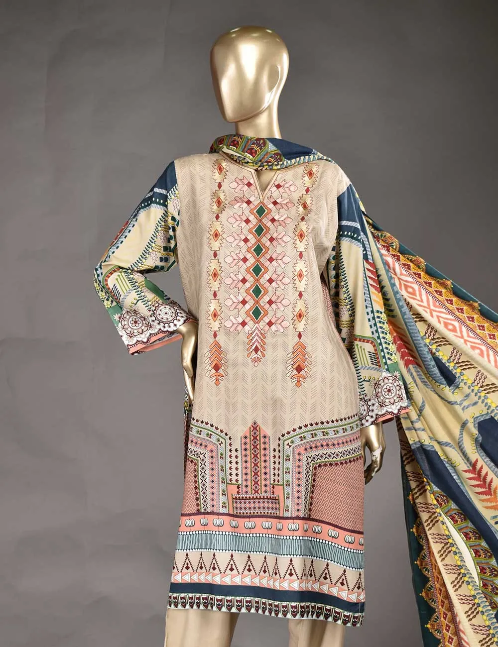 3 Pc Unstitched Linen Printed &amp; Embroidered Dress with Printed Wool Shawl Dupatta - Au-Naturel (KL-05)