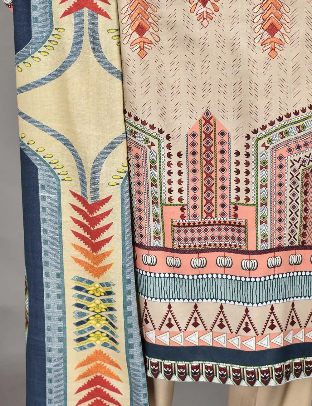 3 Pc Unstitched Linen Printed &amp; Embroidered Dress with Printed Wool Shawl Dupatta - Au-Naturel (KL-05)