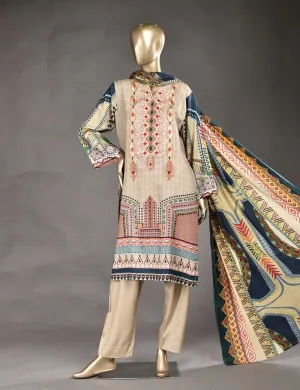 3 Pc Unstitched Linen Printed &amp; Embroidered Dress with Printed Wool Shawl Dupatta - Au-Naturel (KL-05)