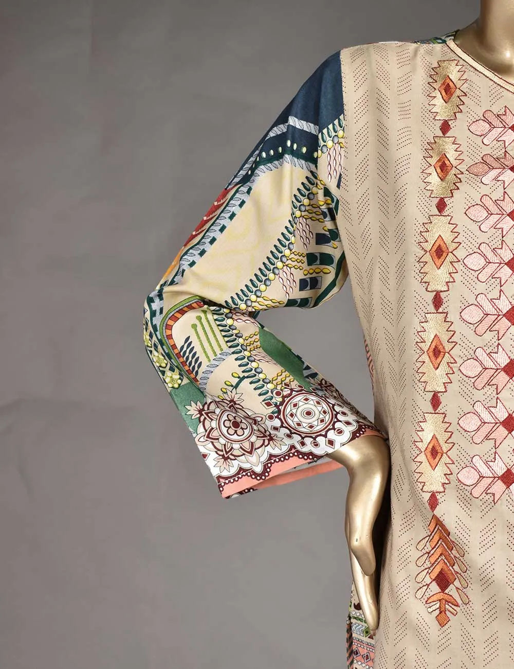 3 Pc Unstitched Linen Printed &amp; Embroidered Dress with Printed Wool Shawl Dupatta - Au-Naturel (KL-05)