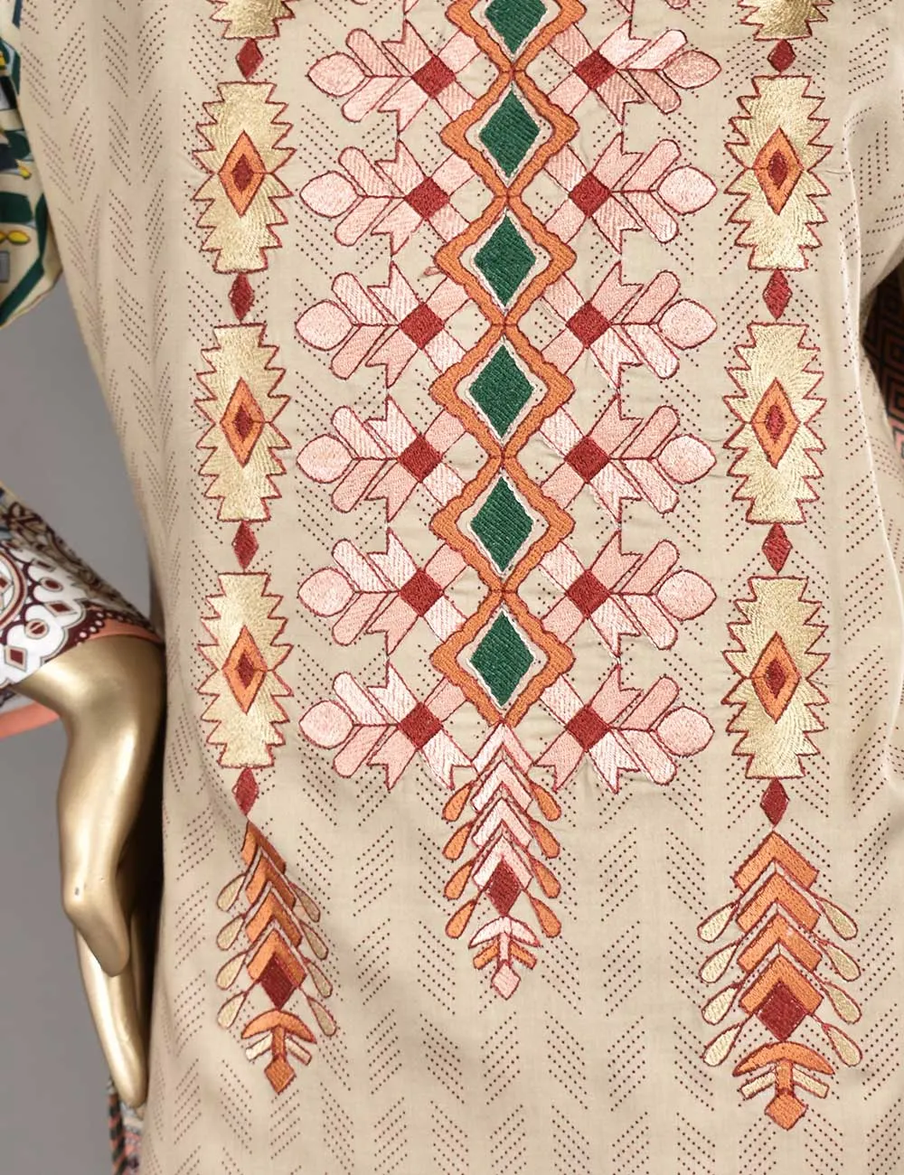 3 Pc Unstitched Linen Printed &amp; Embroidered Dress with Printed Wool Shawl Dupatta - Au-Naturel (KL-05)