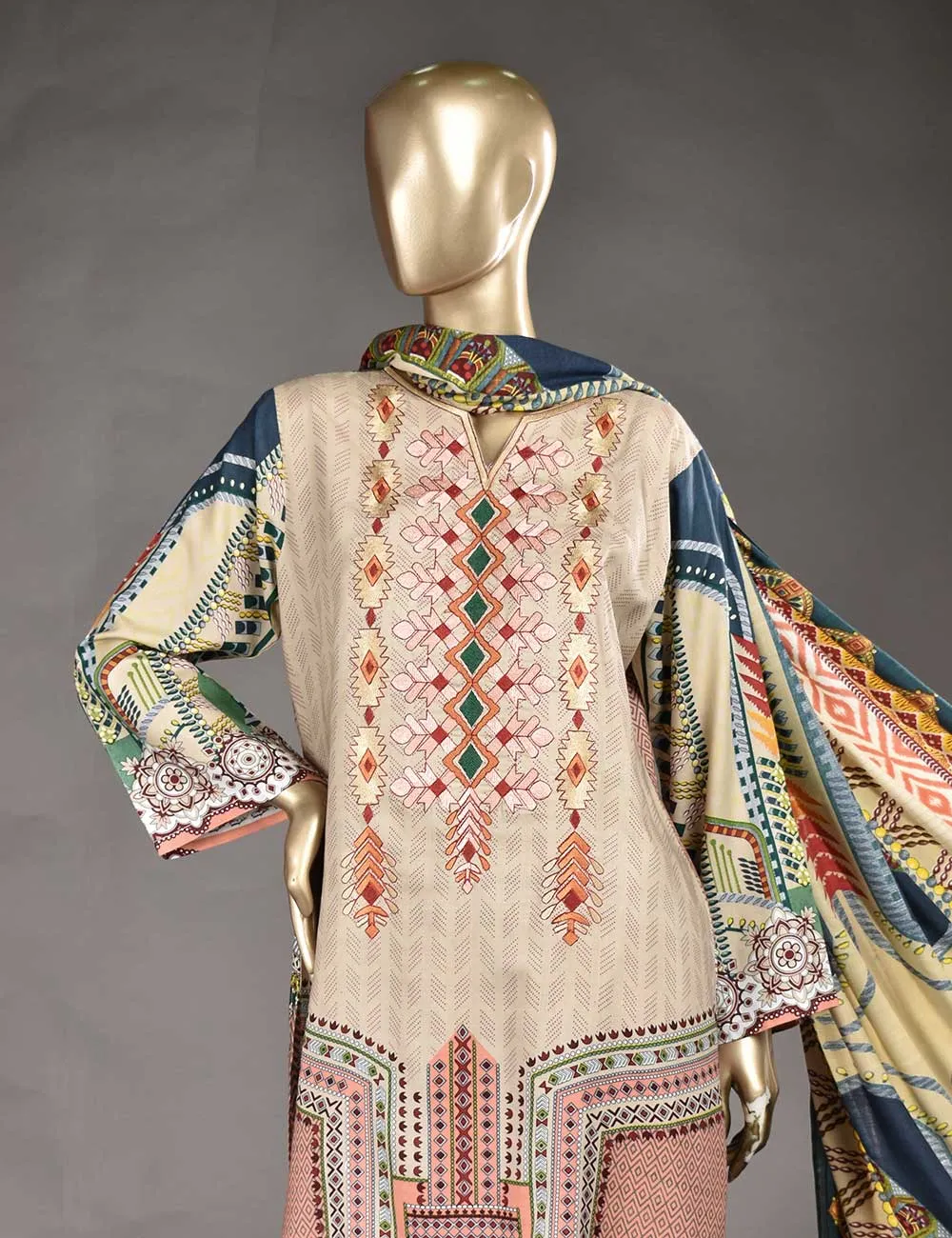 3 Pc Unstitched Linen Printed &amp; Embroidered Dress with Printed Wool Shawl Dupatta - Au-Naturel (KL-05)