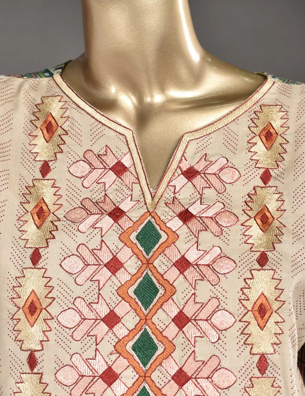 3 Pc Unstitched Linen Printed &amp; Embroidered Dress with Printed Wool Shawl Dupatta - Au-Naturel (KL-05)