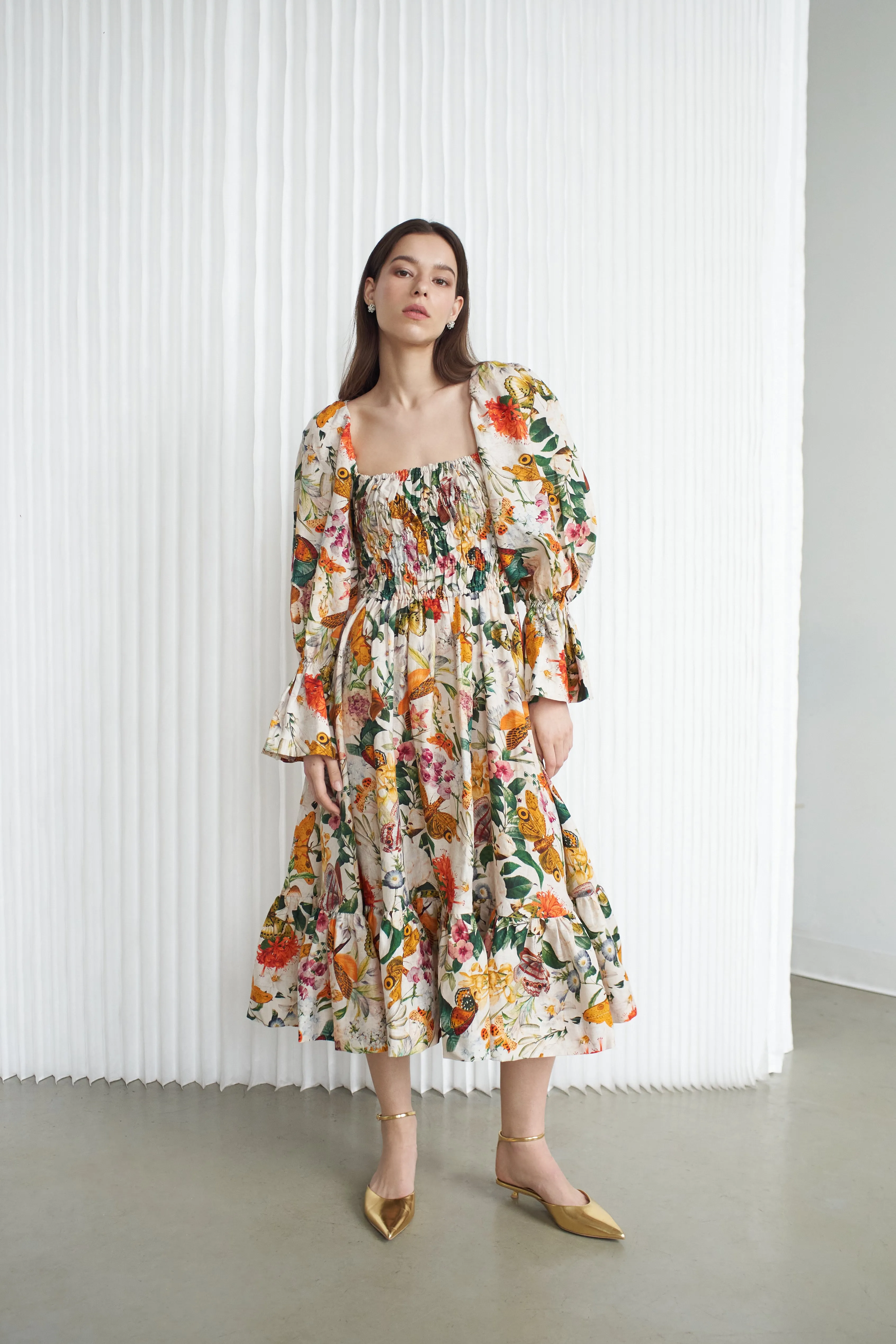 Amelia Ruched Midi Linen Dress Amaryllis