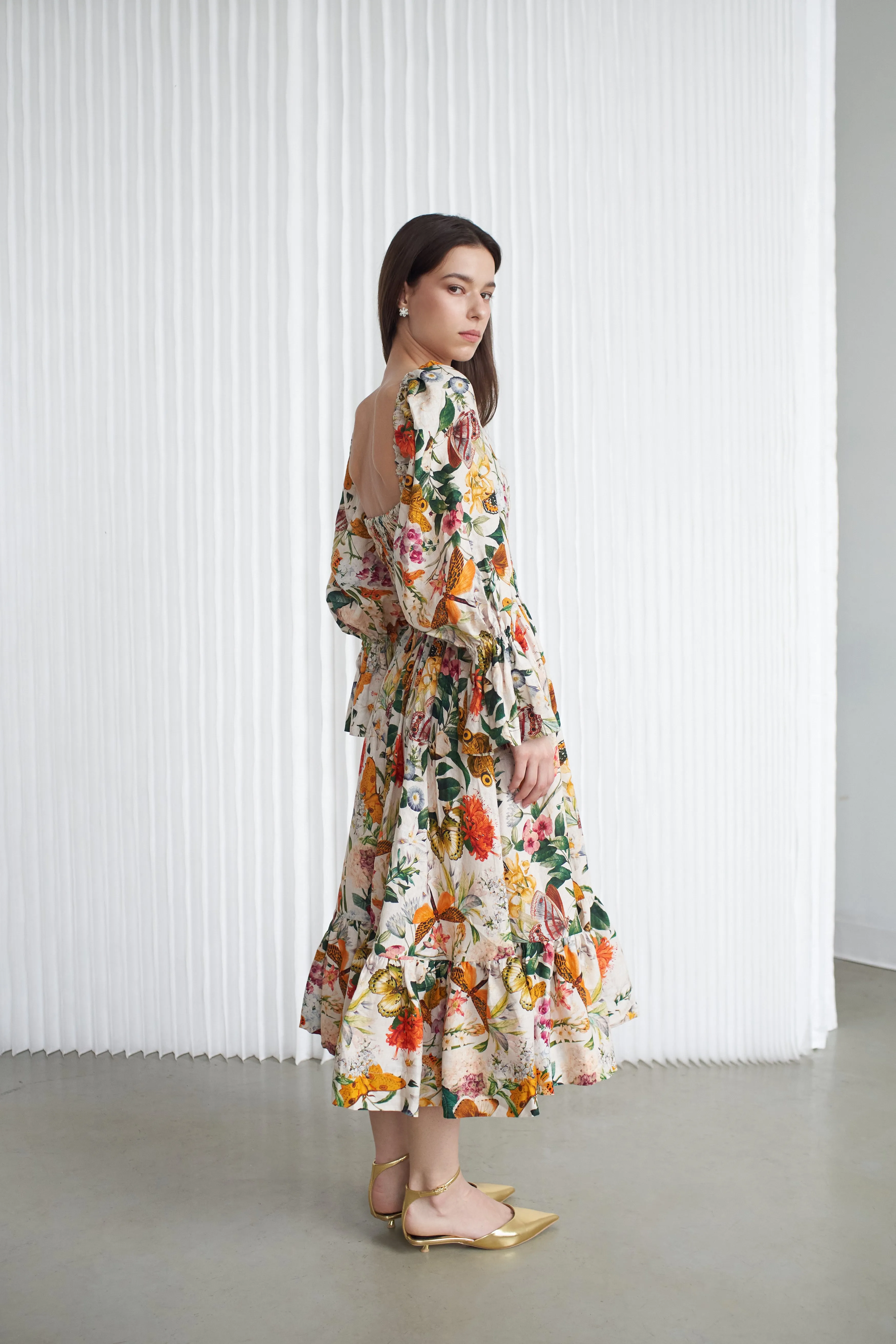 Amelia Ruched Midi Linen Dress Amaryllis