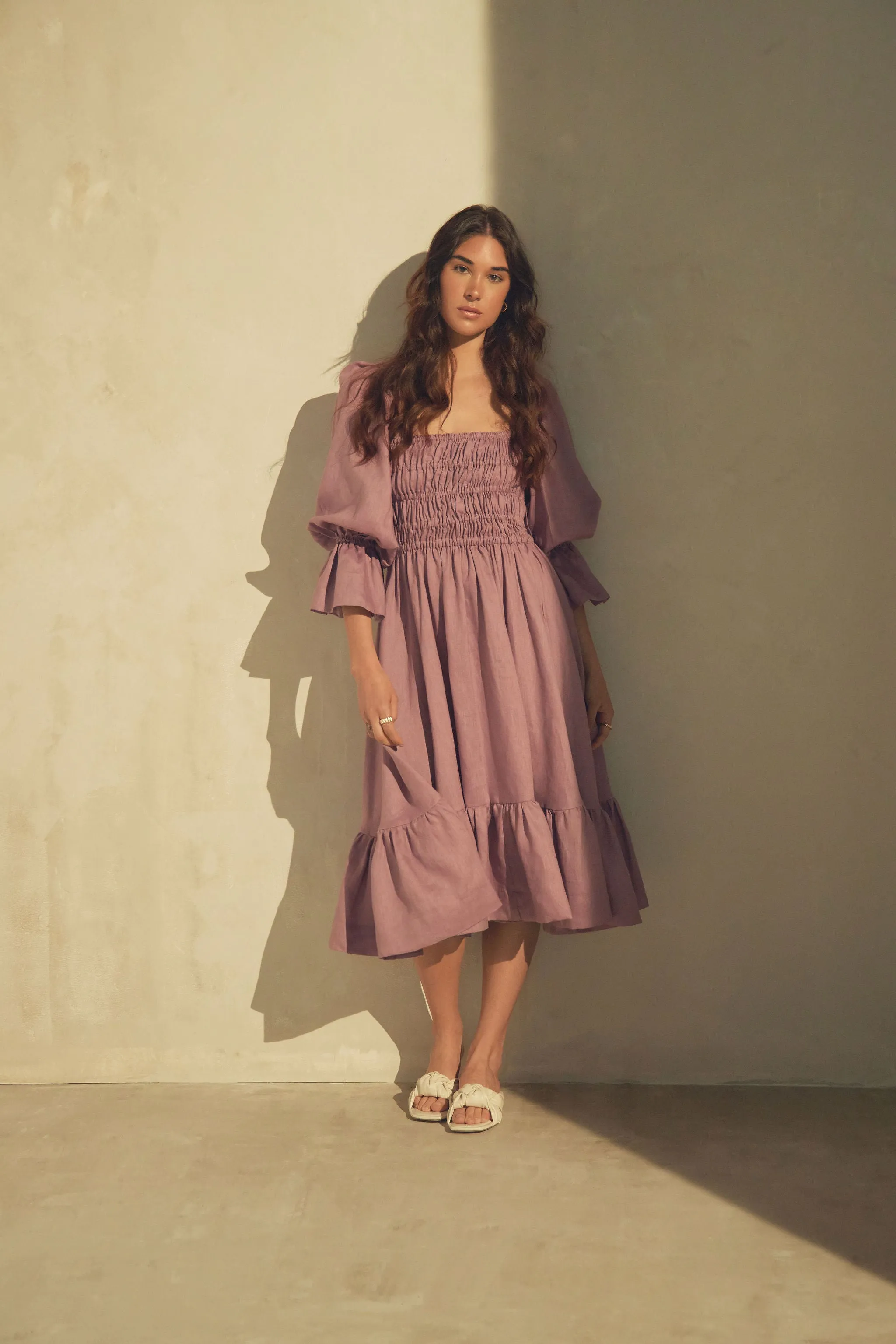 Amelia Ruched Midi Linen Dress in Rhapsody Purple