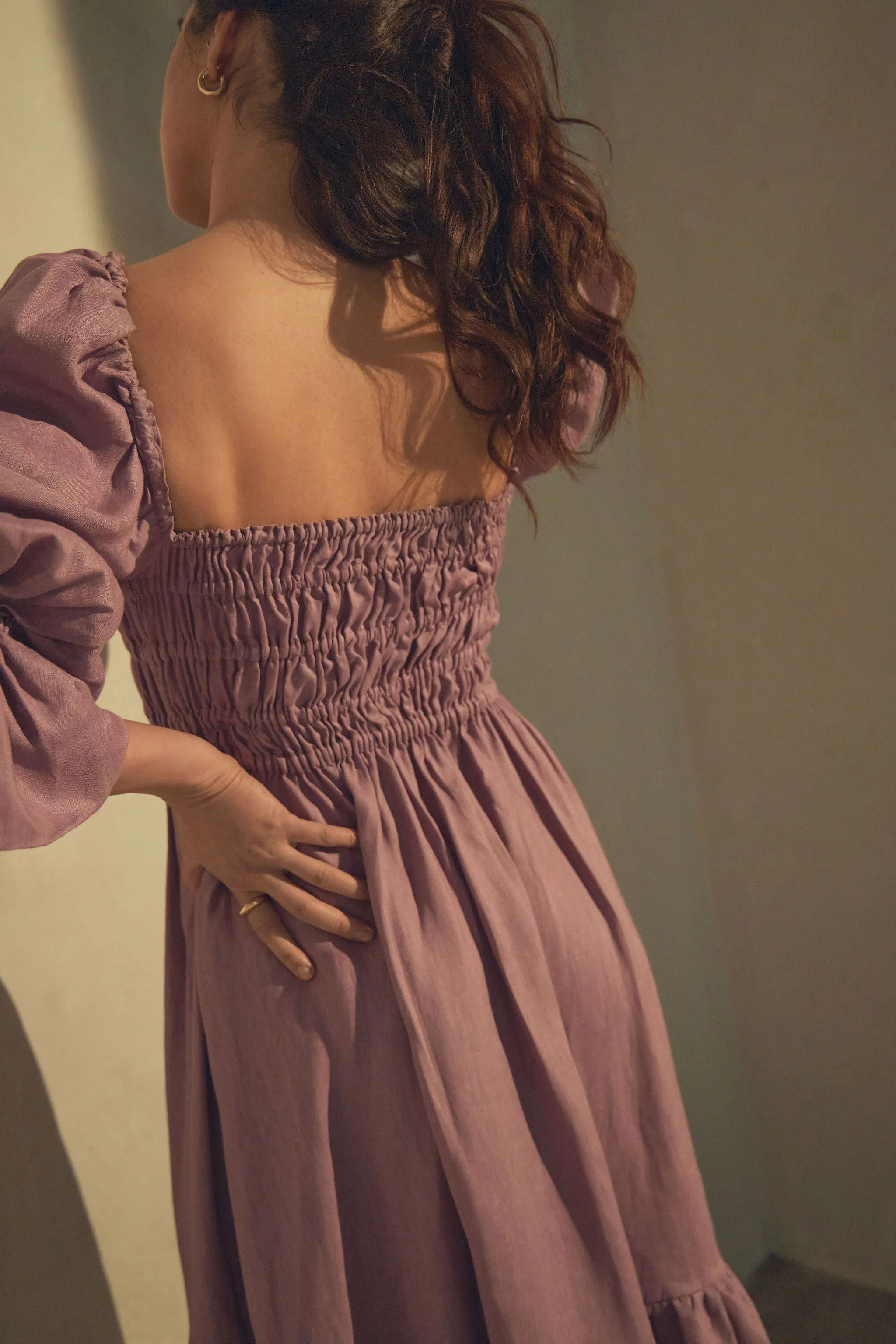 Amelia Ruched Midi Linen Dress in Rhapsody Purple
