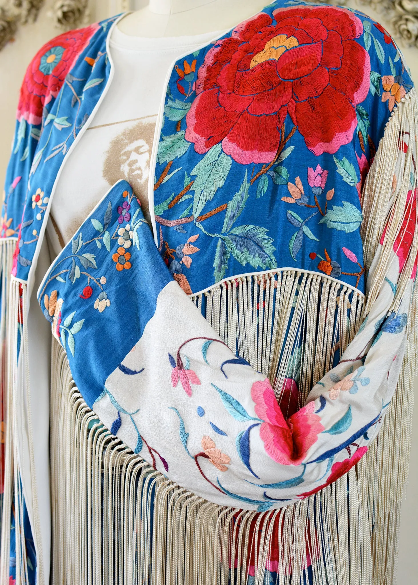 Annie Antique Hand Embroidered Silk Midi Jacket - Cerulean Blue & Creme