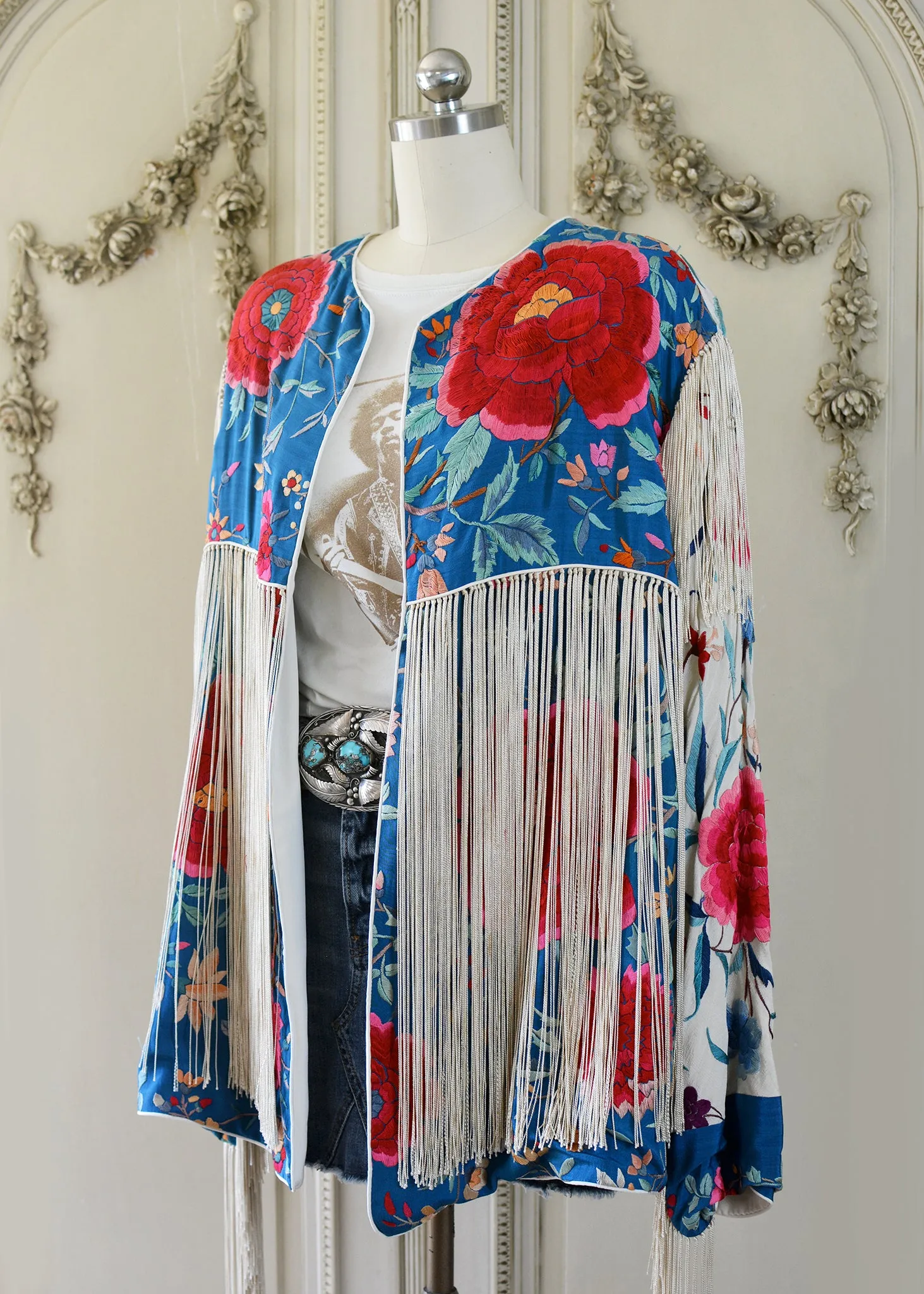 Annie Antique Hand Embroidered Silk Midi Jacket - Cerulean Blue & Creme