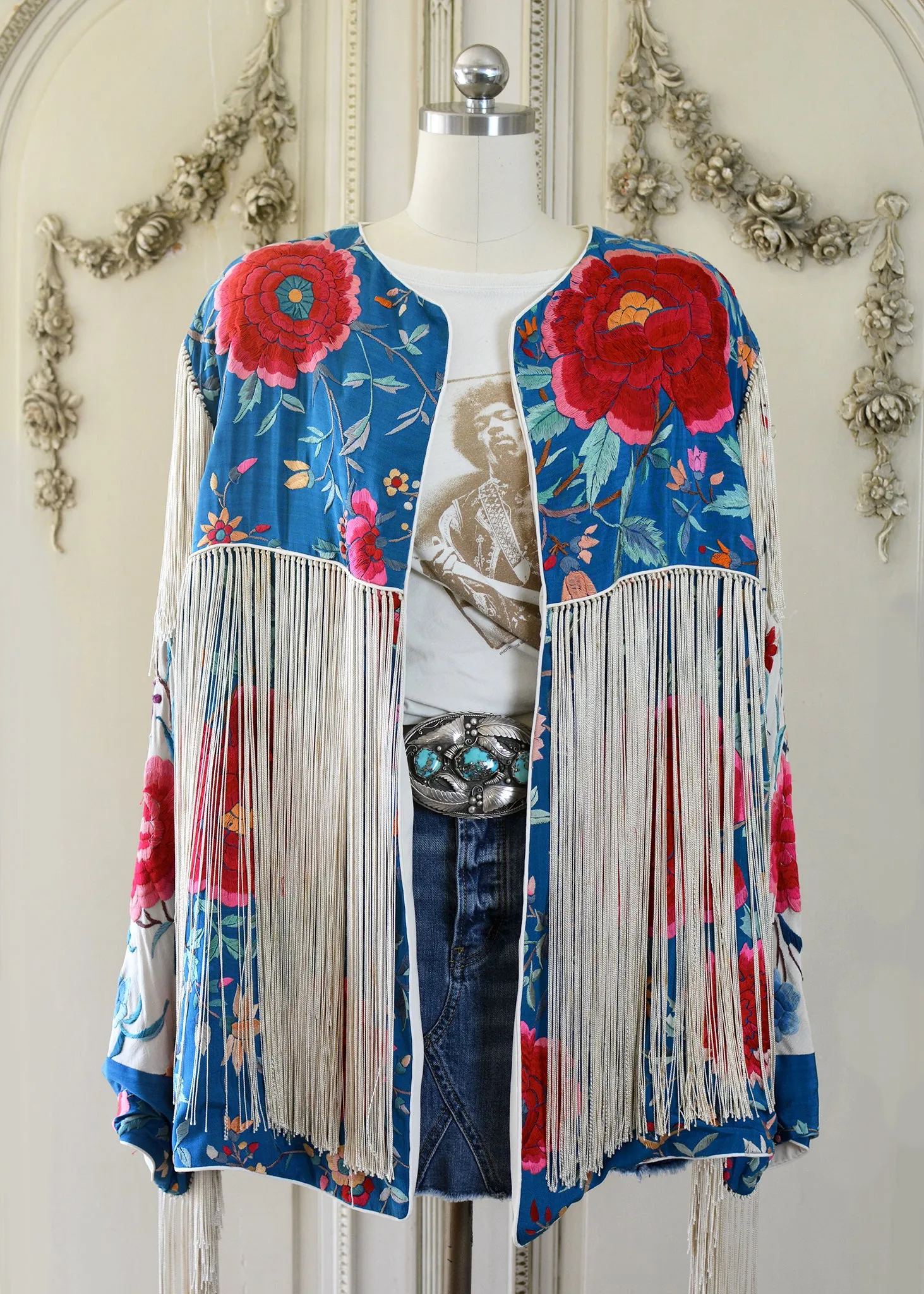 Annie Antique Hand Embroidered Silk Midi Jacket - Cerulean Blue & Creme