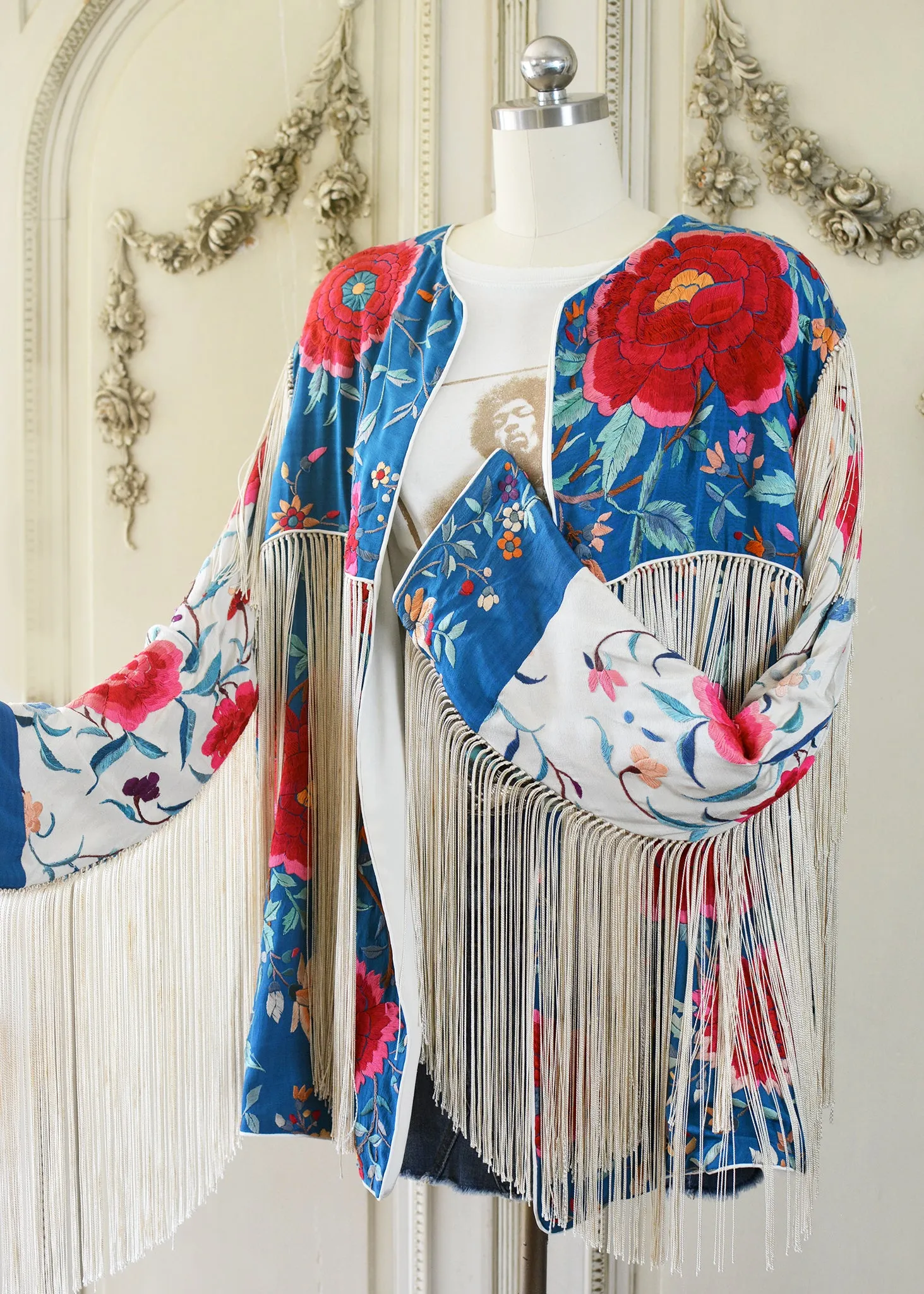 Annie Antique Hand Embroidered Silk Midi Jacket - Cerulean Blue & Creme