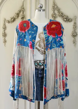 Annie Antique Hand Embroidered Silk Midi Jacket - Cerulean Blue & Creme