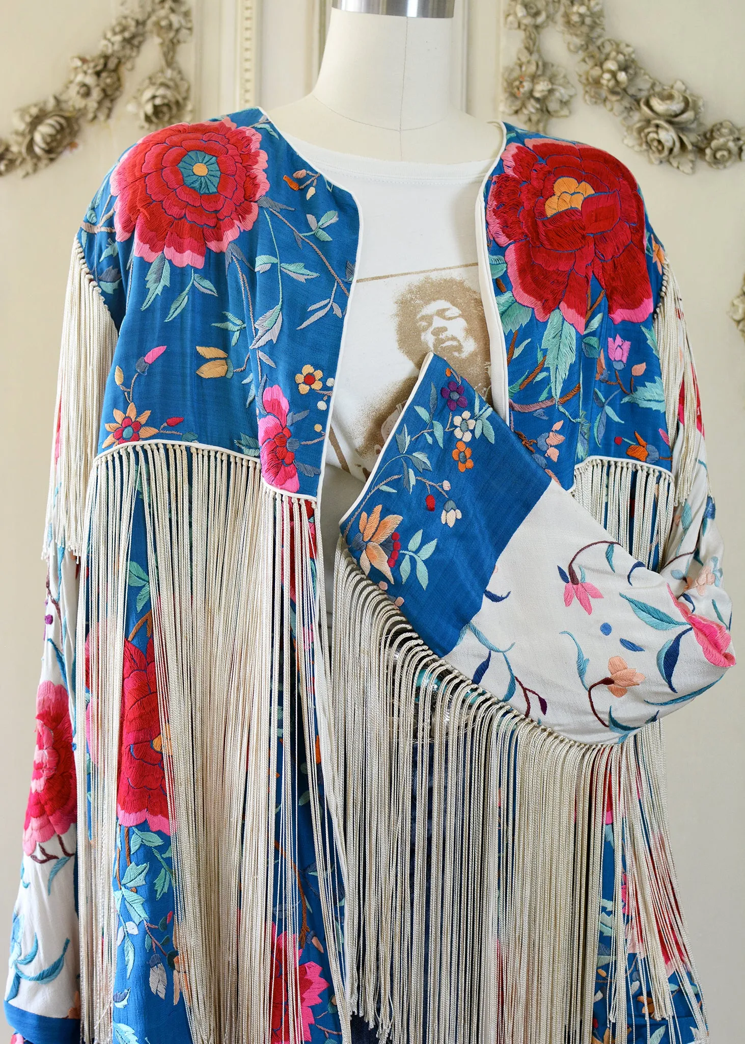 Annie Antique Hand Embroidered Silk Midi Jacket - Cerulean Blue & Creme