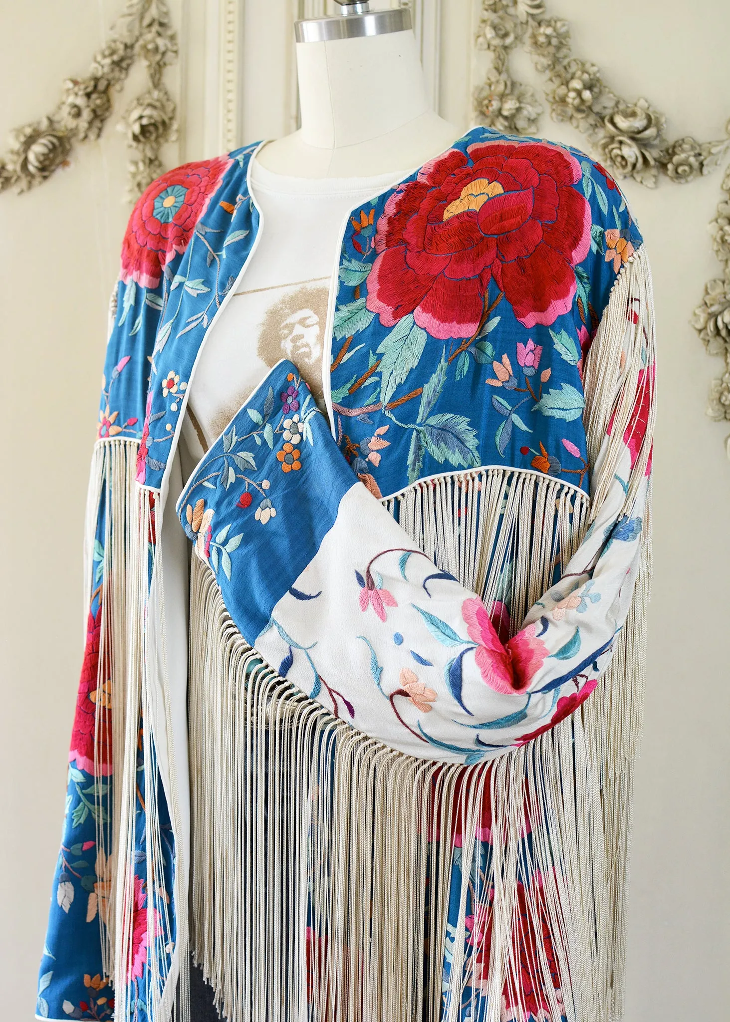 Annie Antique Hand Embroidered Silk Midi Jacket - Cerulean Blue & Creme