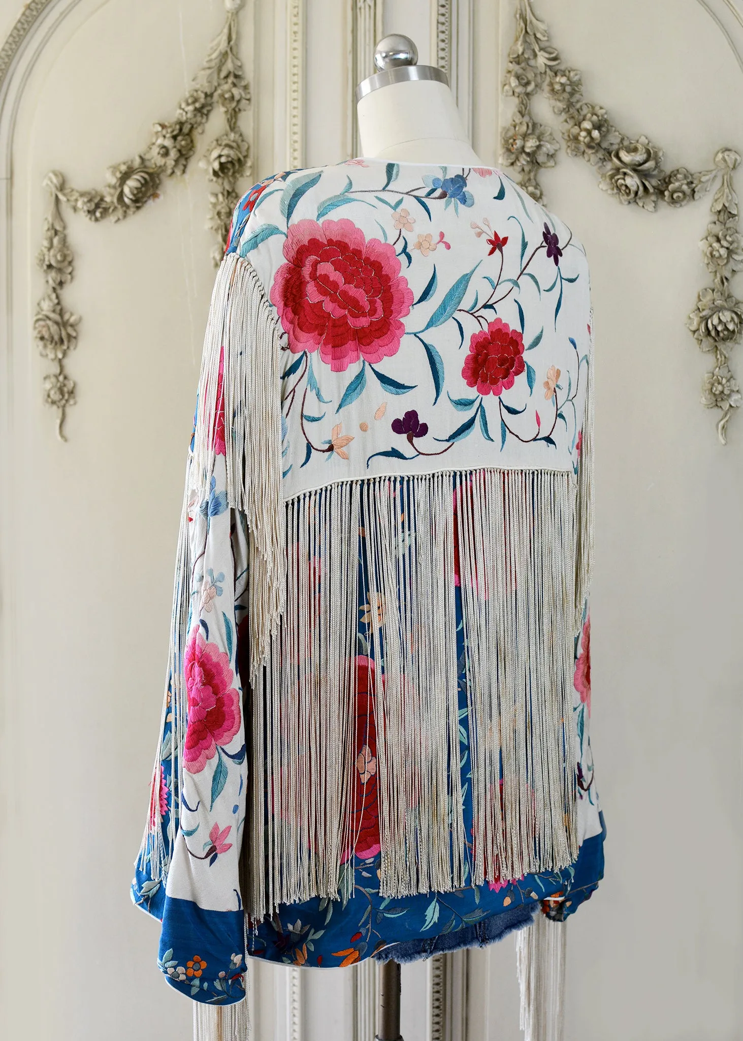 Annie Antique Hand Embroidered Silk Midi Jacket - Cerulean Blue & Creme