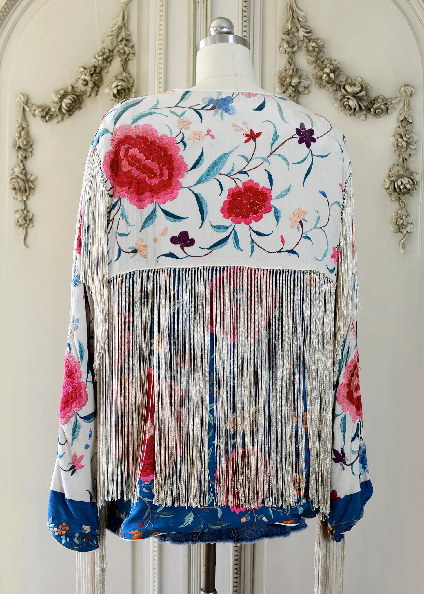Annie Antique Hand Embroidered Silk Midi Jacket - Cerulean Blue & Creme