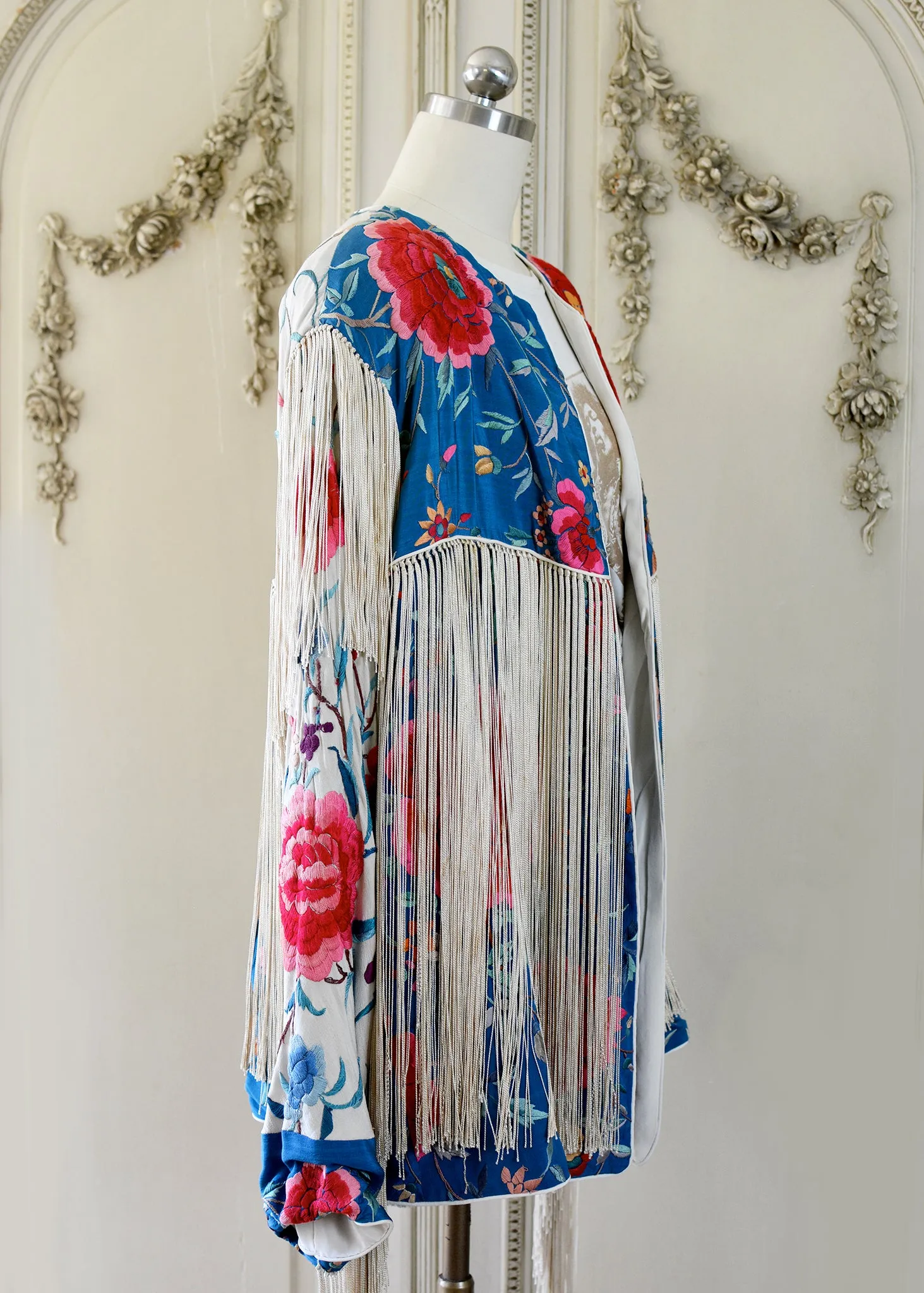 Annie Antique Hand Embroidered Silk Midi Jacket - Cerulean Blue & Creme
