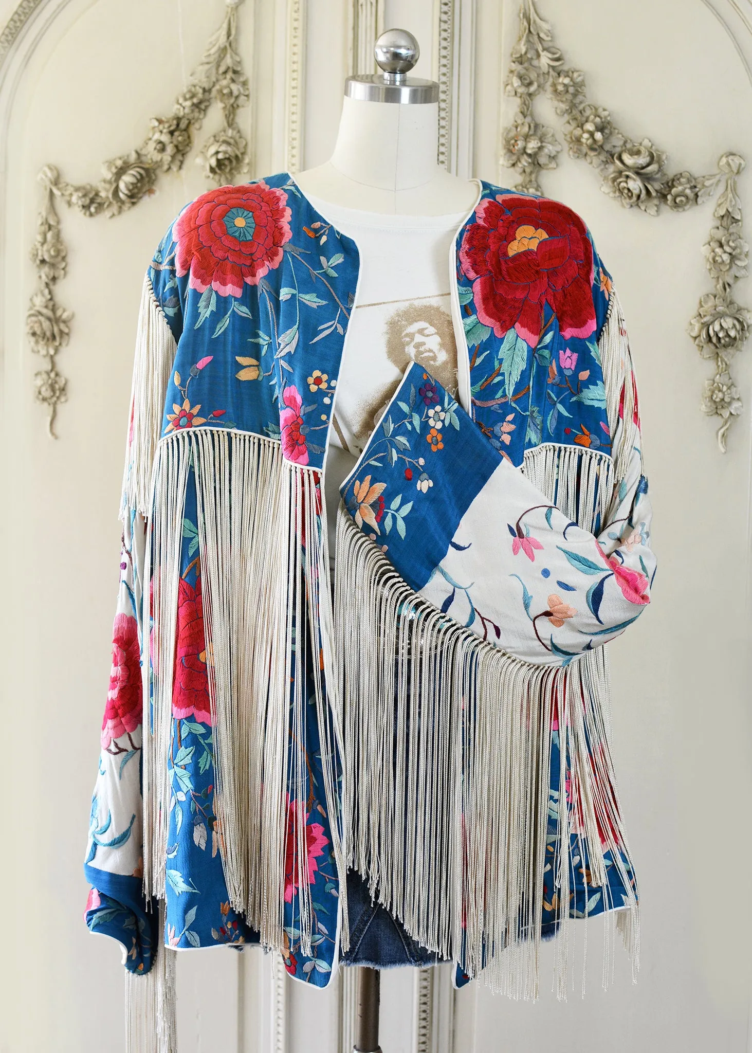 Annie Antique Hand Embroidered Silk Midi Jacket - Cerulean Blue & Creme