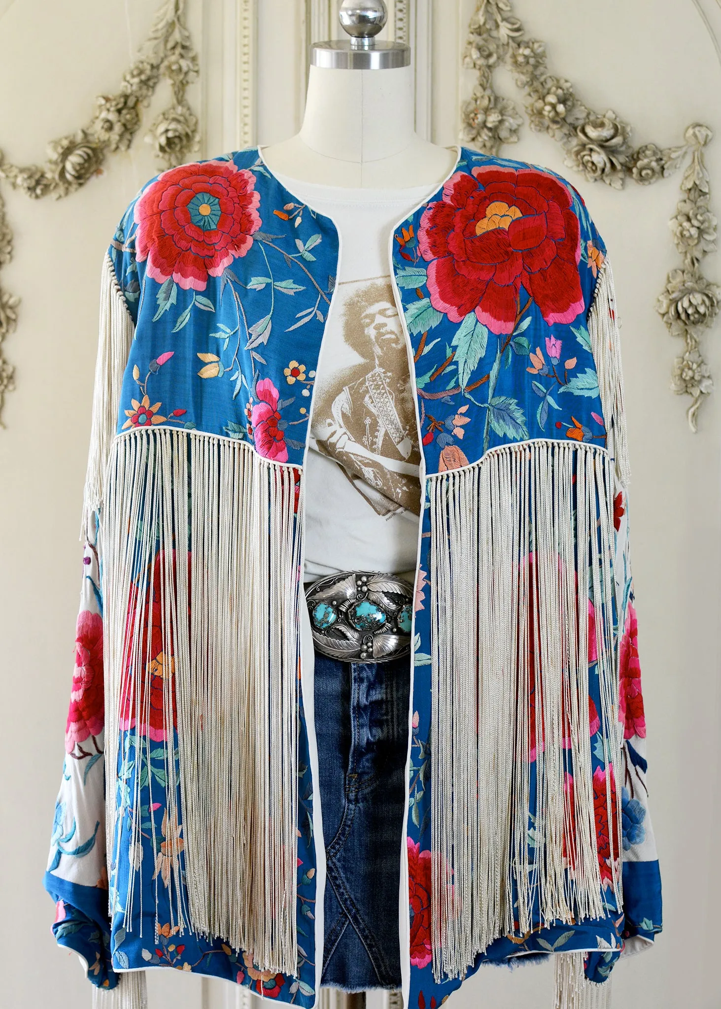 Annie Antique Hand Embroidered Silk Midi Jacket - Cerulean Blue & Creme