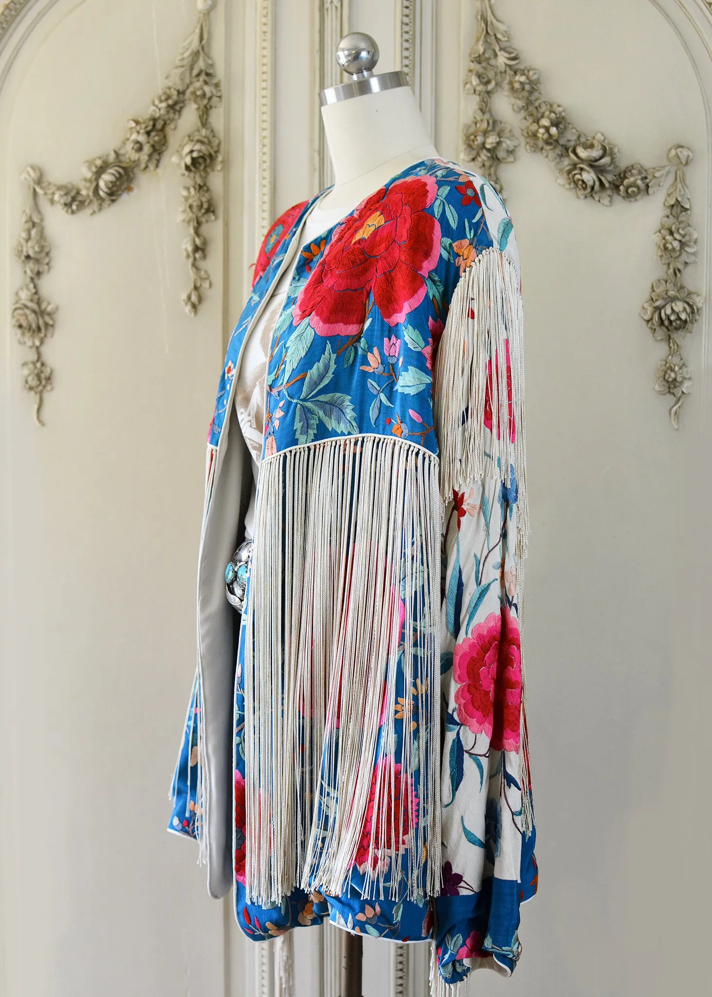 Annie Antique Hand Embroidered Silk Midi Jacket - Cerulean Blue & Creme