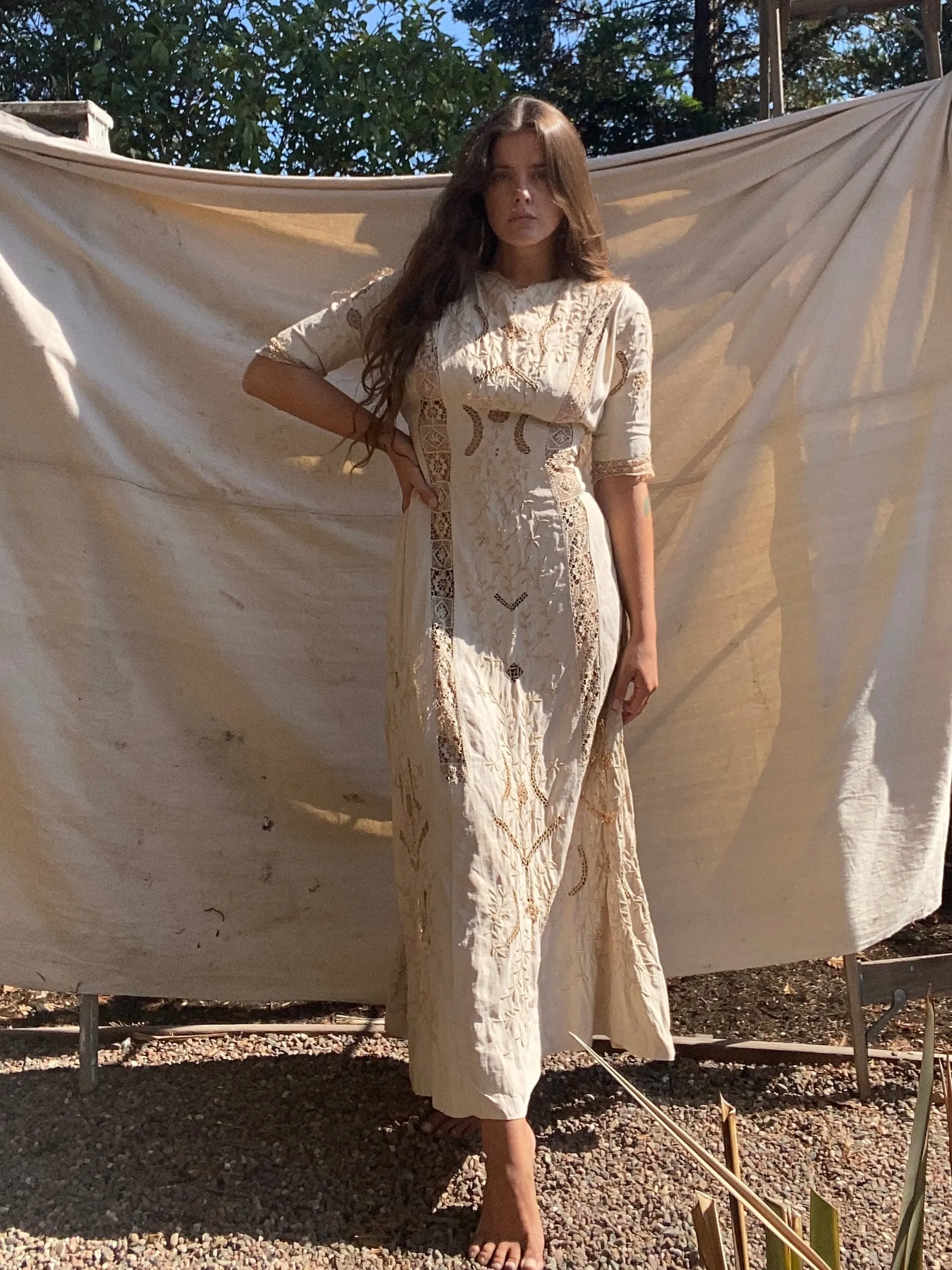 Antique Edwardian Ecru Linen Embroidered Dress