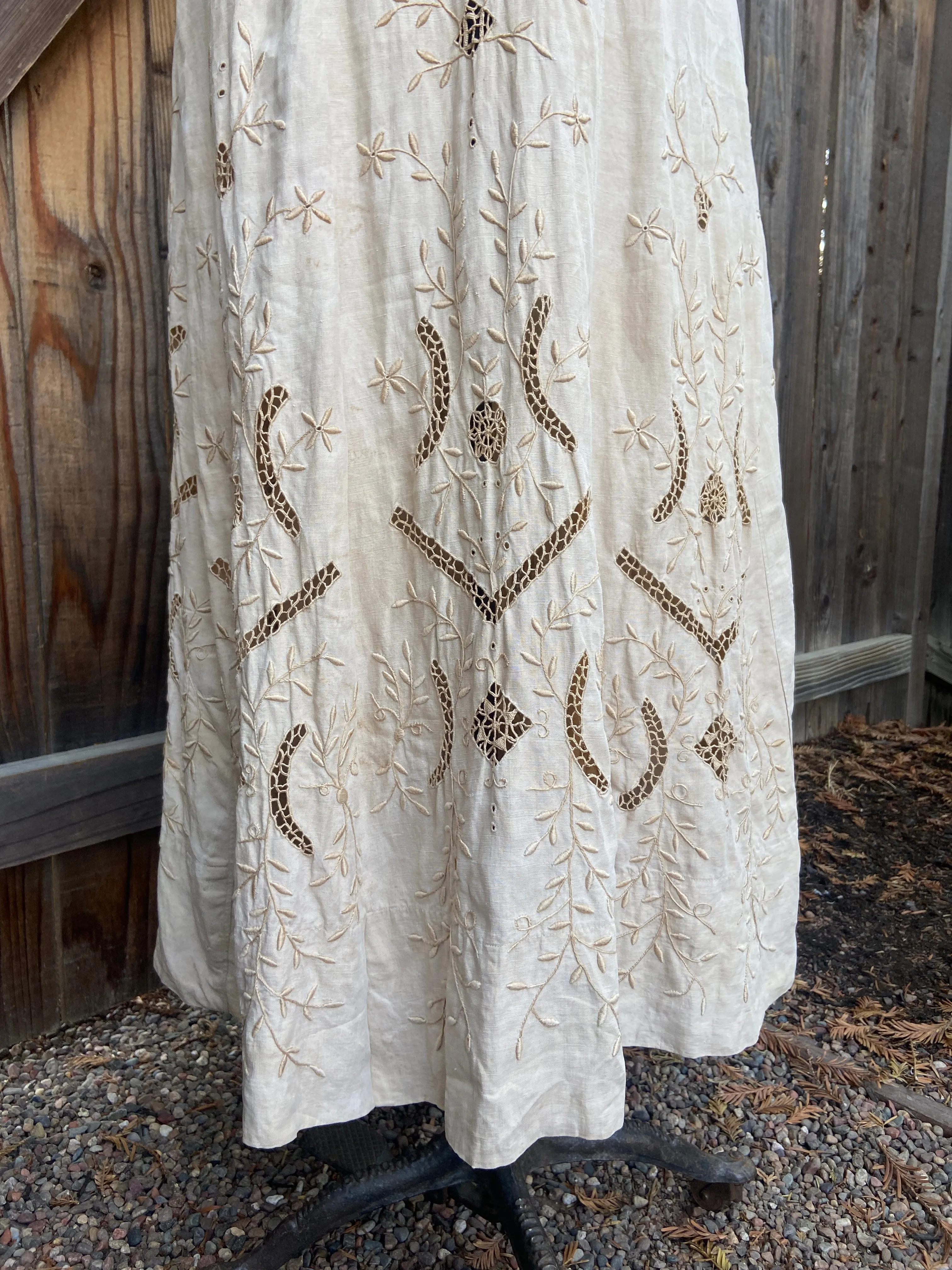 Antique Edwardian Ecru Linen Embroidered Dress