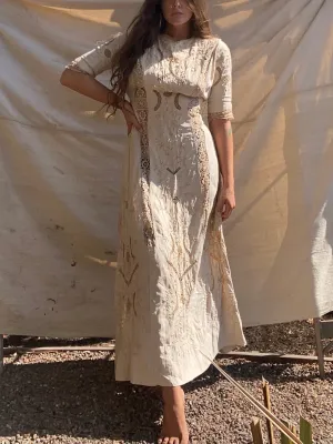 Antique Edwardian Ecru Linen Embroidered Dress
