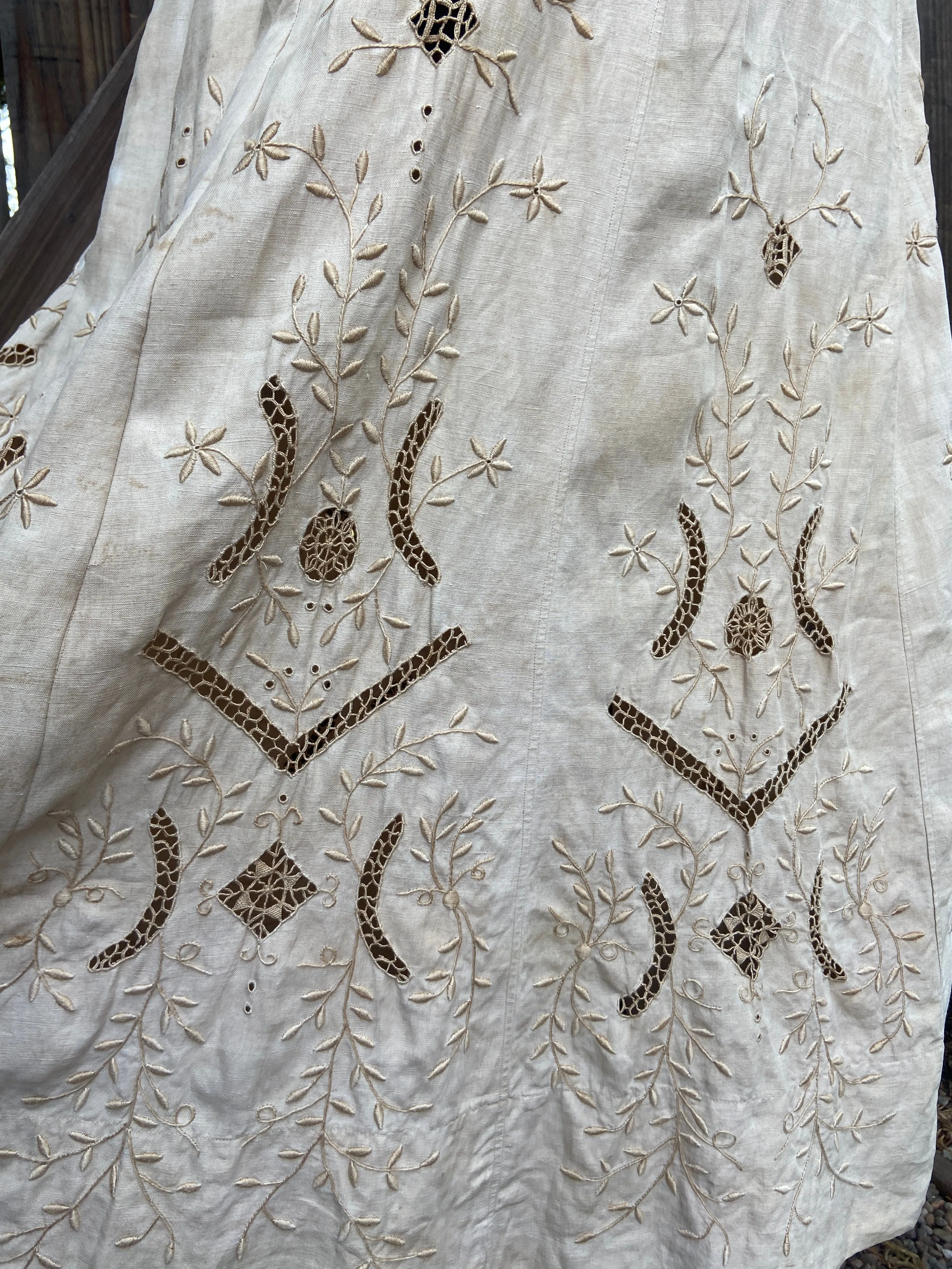 Antique Edwardian Ecru Linen Embroidered Dress