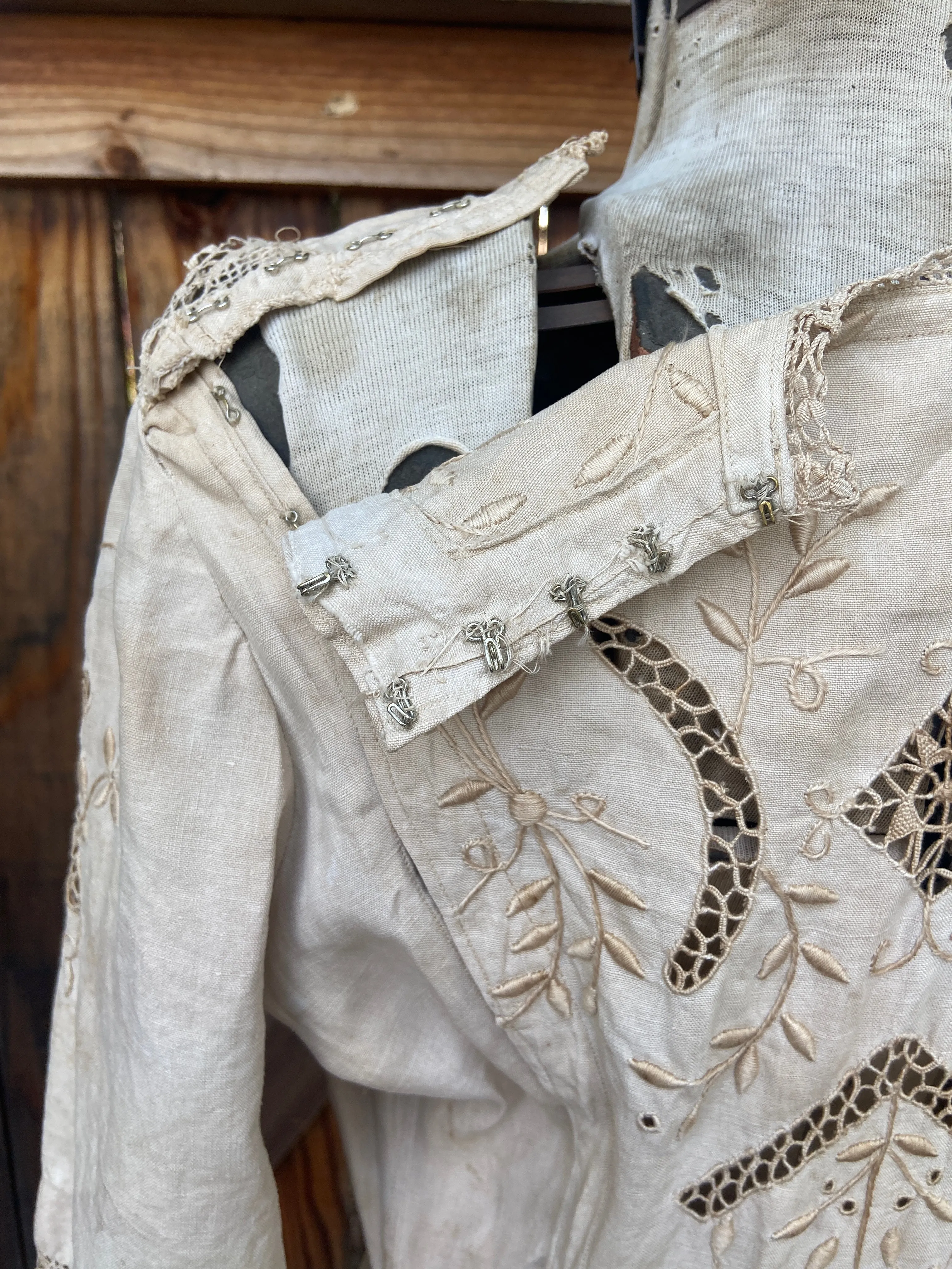 Antique Edwardian Ecru Linen Embroidered Dress