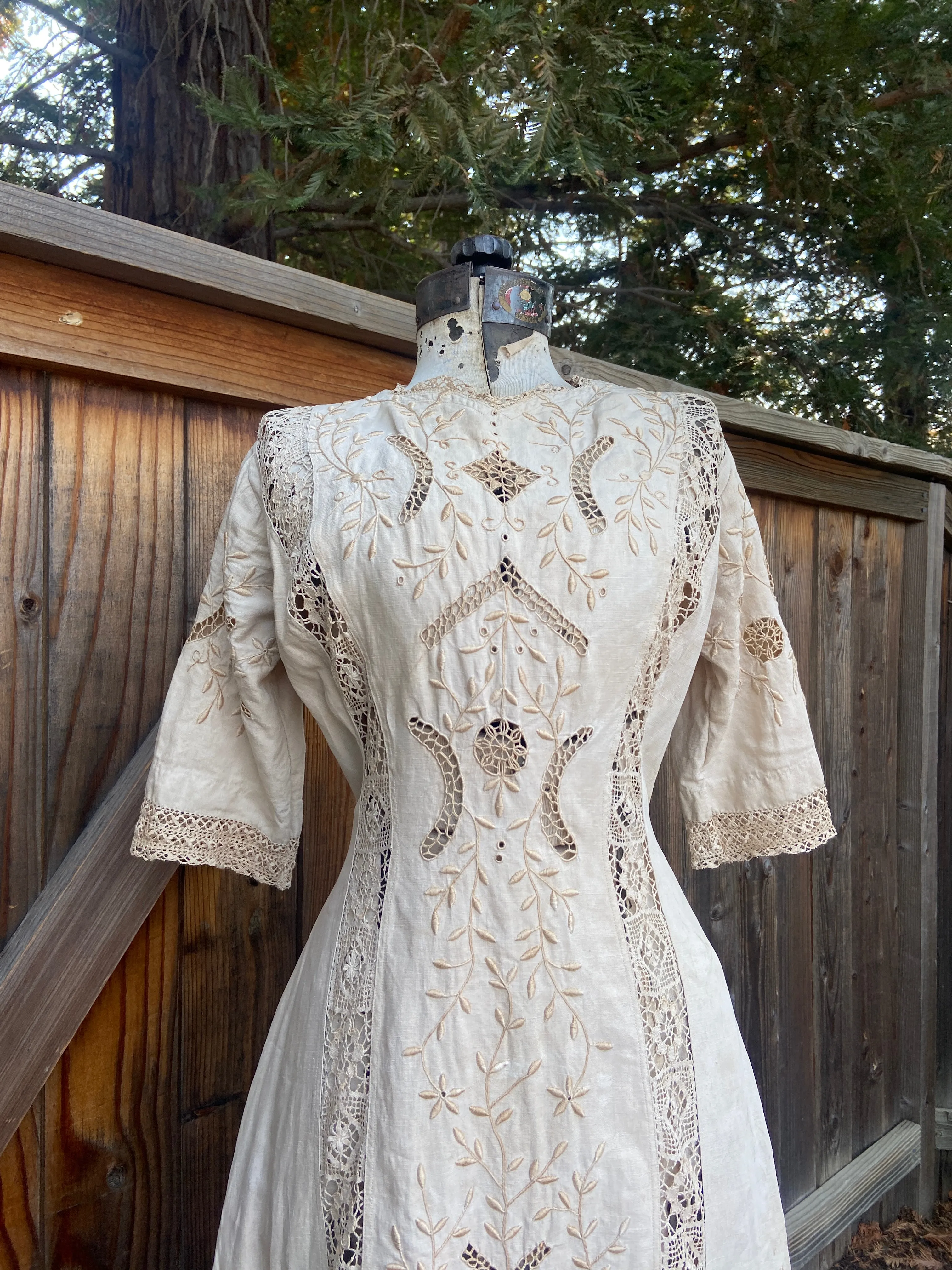 Antique Edwardian Ecru Linen Embroidered Dress