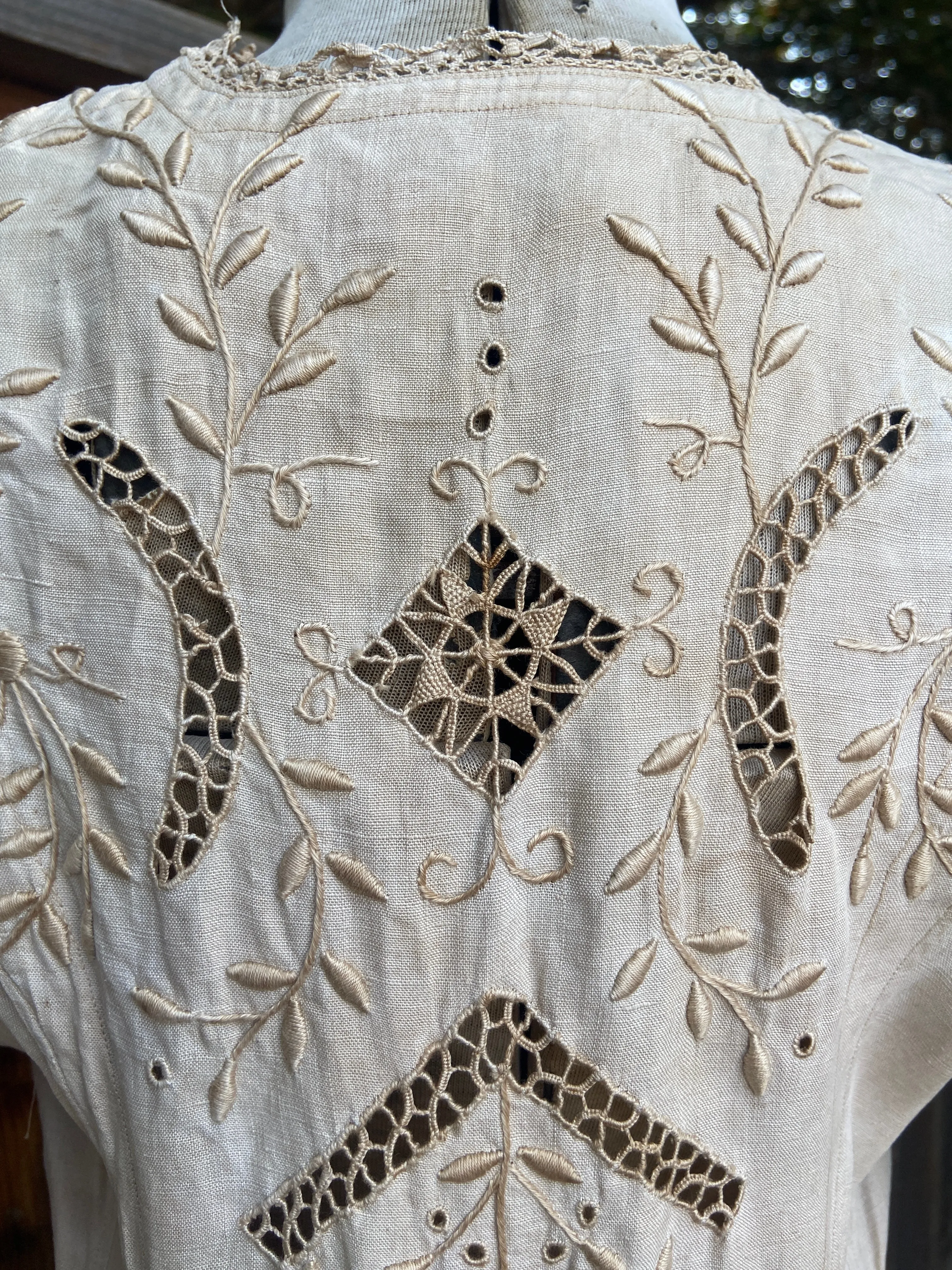 Antique Edwardian Ecru Linen Embroidered Dress