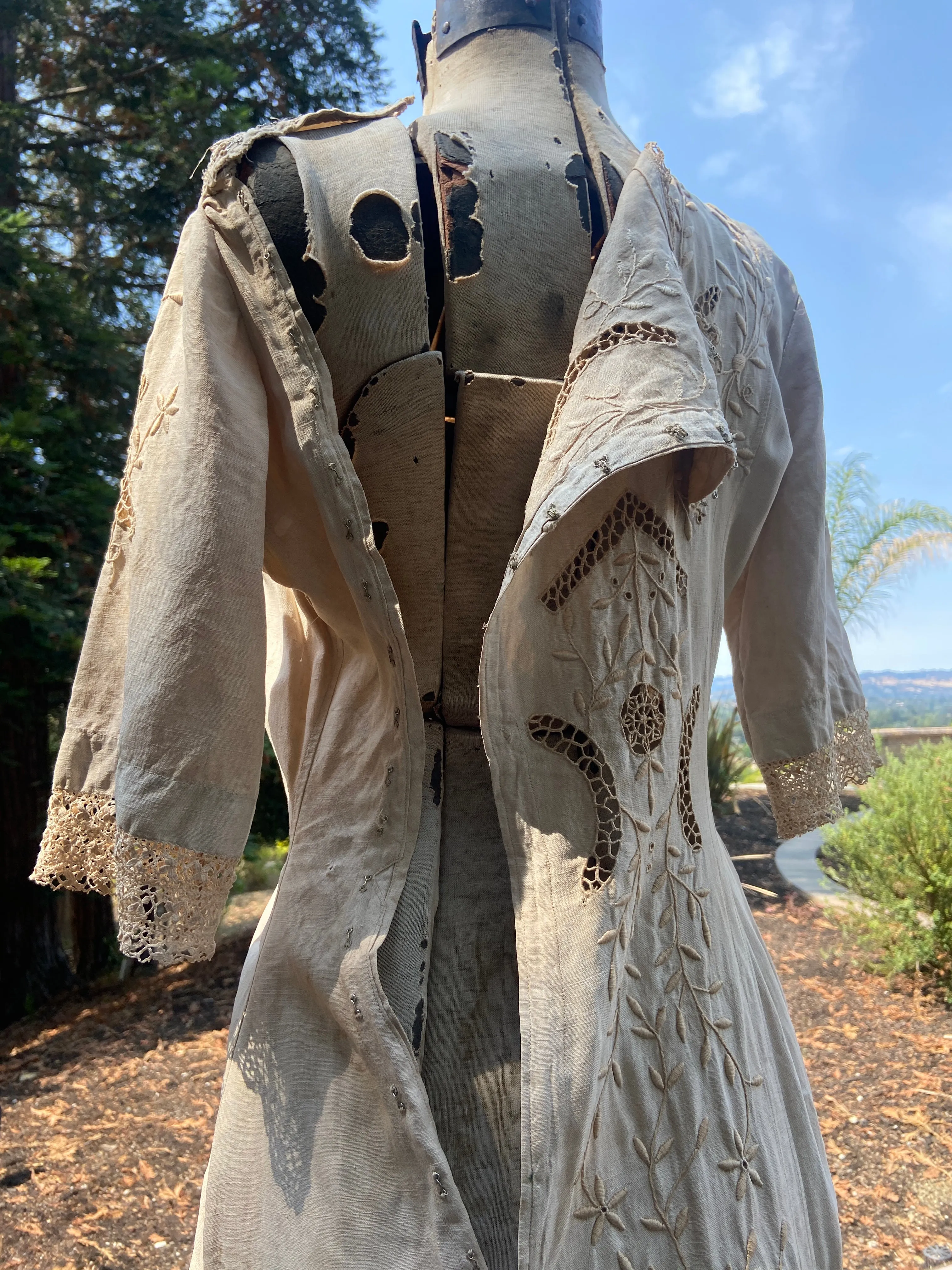 Antique Edwardian Ecru Linen Embroidered Dress