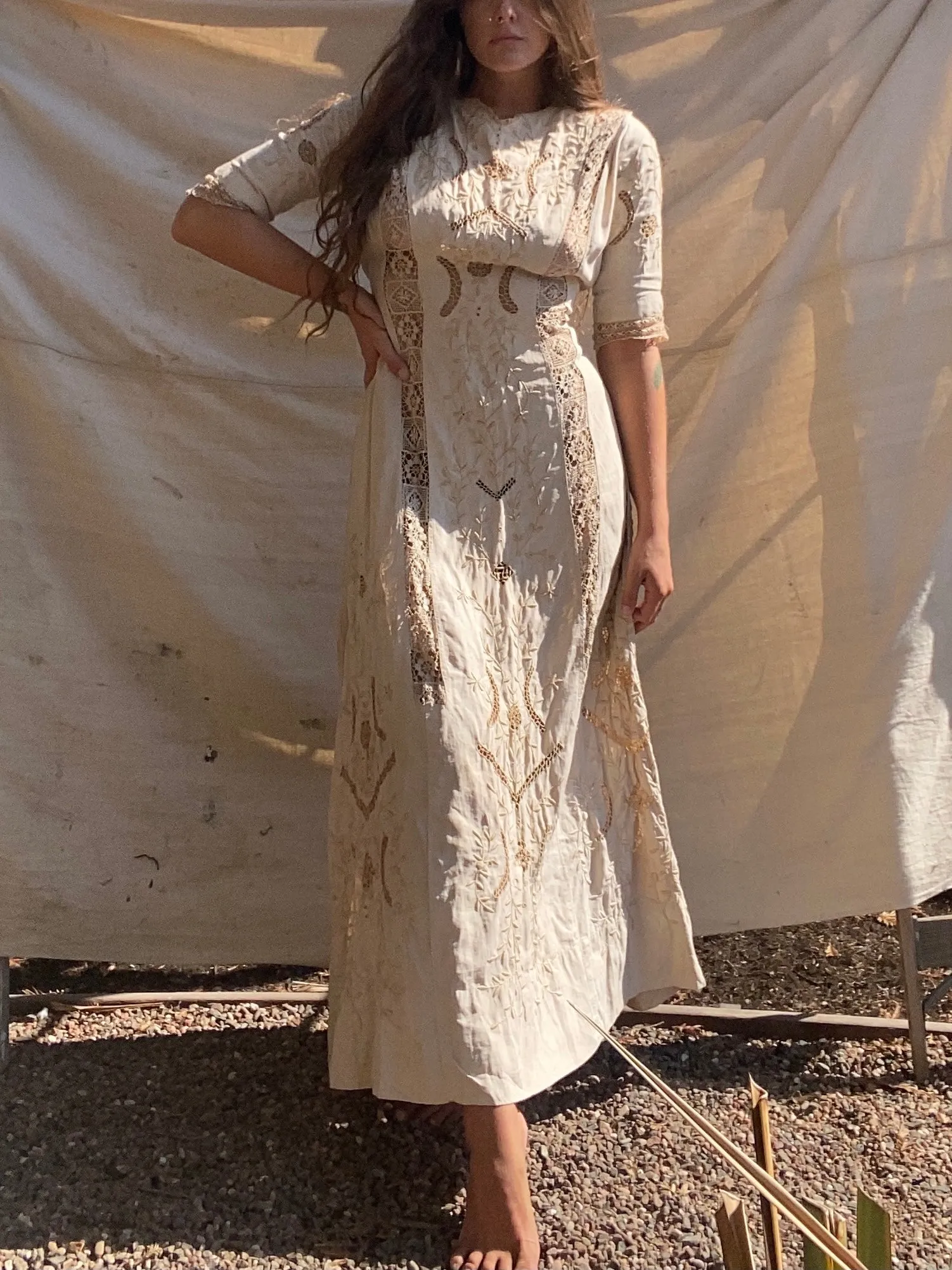 Antique Edwardian Ecru Linen Embroidered Dress