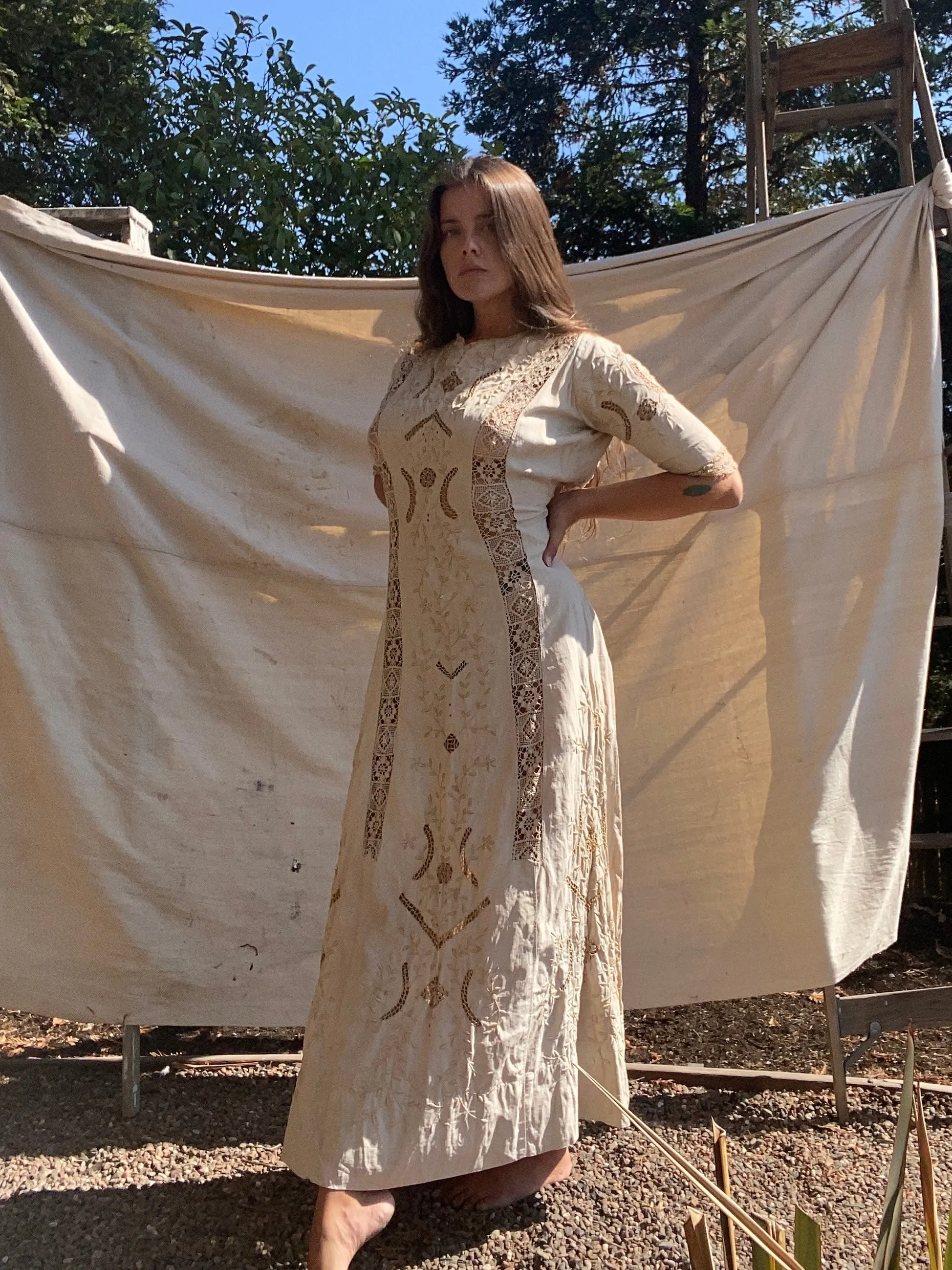 Antique Edwardian Ecru Linen Embroidered Dress