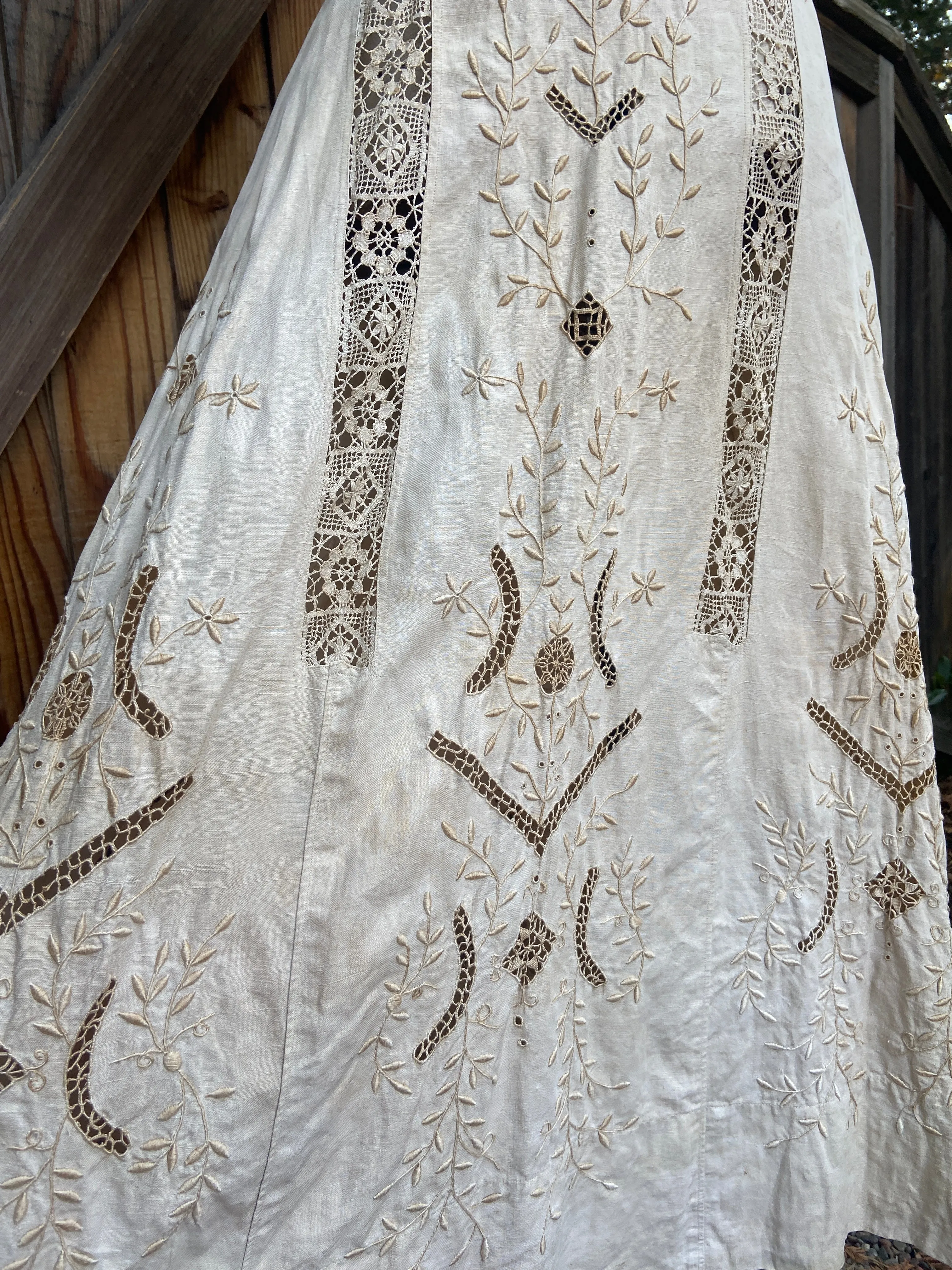 Antique Edwardian Ecru Linen Embroidered Dress