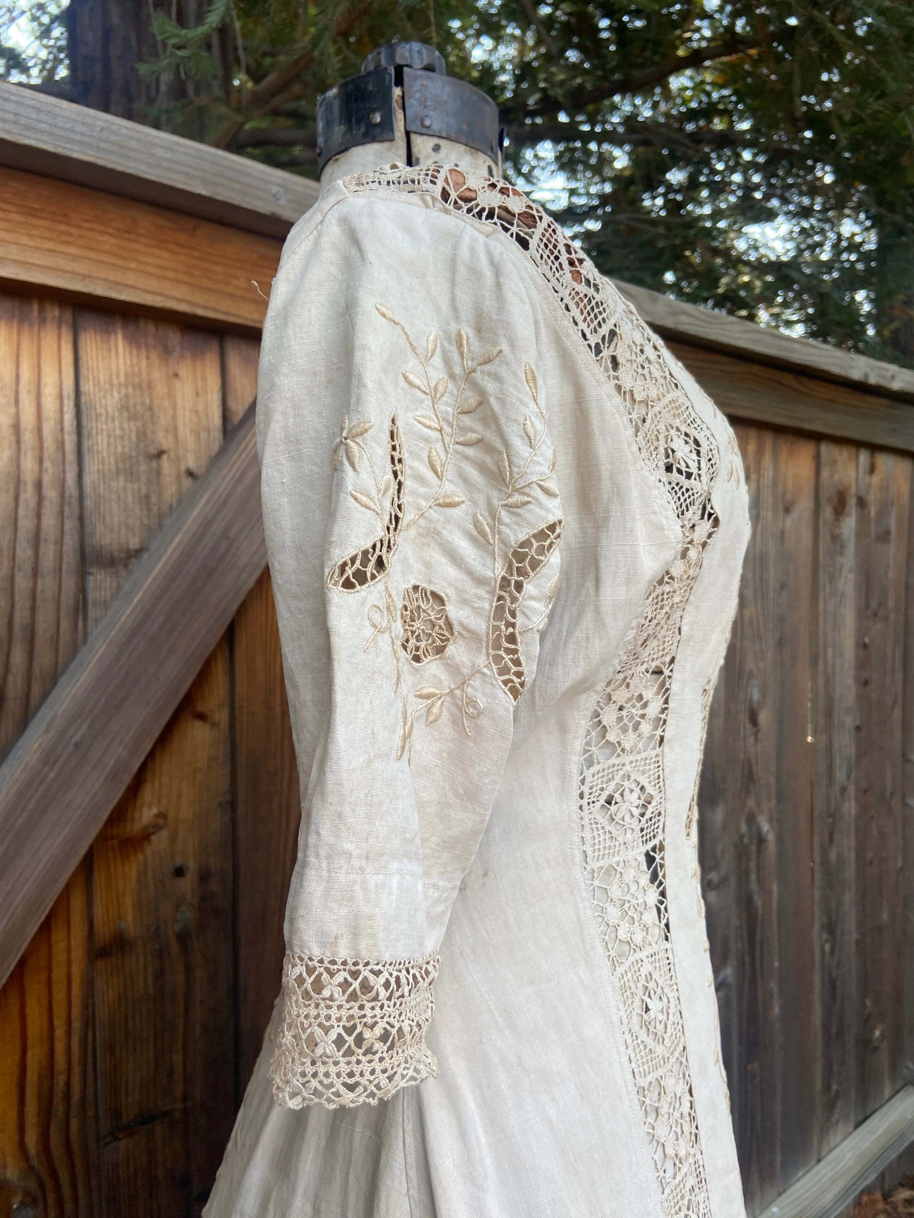 Antique Edwardian Ecru Linen Embroidered Dress