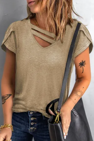 Apricot Strappy V Neck Overlap Short Sleeve Top