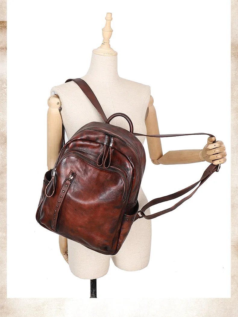 Best Black Gray Leather Rucksack Bag Womens Vintage School Backpack With Rivet Leather Backpack Purse