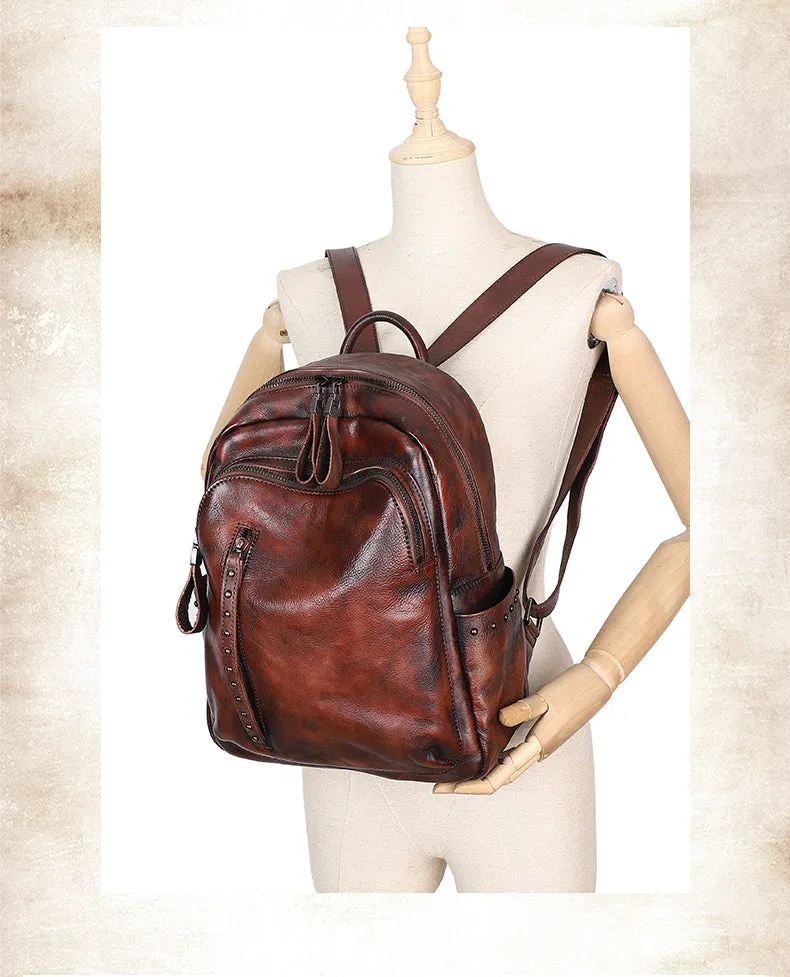 Best Black Gray Leather Rucksack Bag Womens Vintage School Backpack With Rivet Leather Backpack Purse