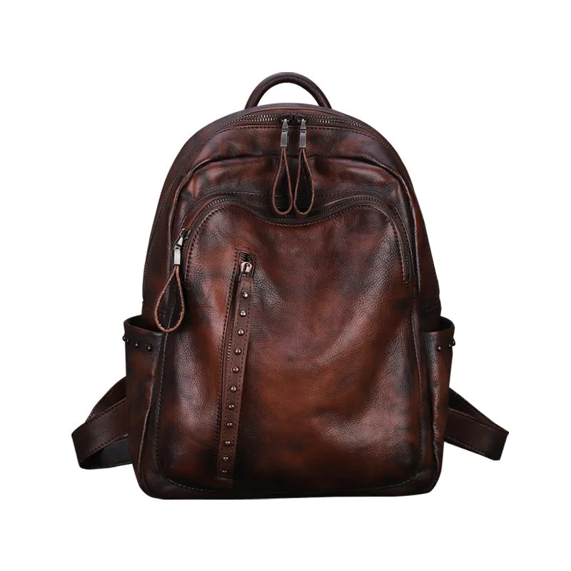 Best Black Gray Leather Rucksack Bag Womens Vintage School Backpack With Rivet Leather Backpack Purse