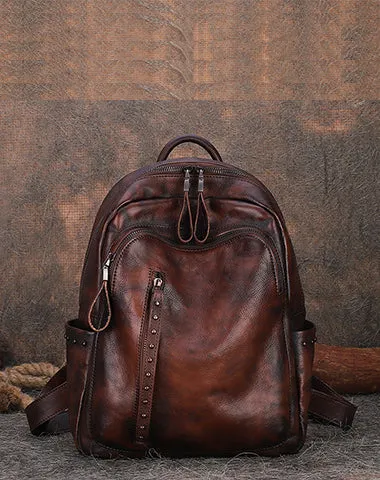 Best Black Gray Leather Rucksack Bag Womens Vintage School Backpack With Rivet Leather Backpack Purse