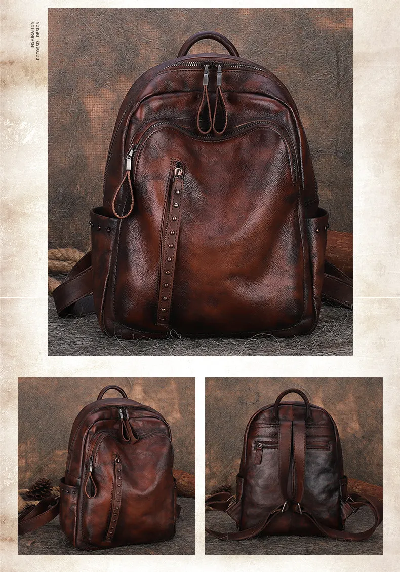 Best Black Gray Leather Rucksack Bag Womens Vintage School Backpack With Rivet Leather Backpack Purse