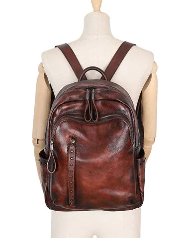 Best Black Gray Leather Rucksack Bag Womens Vintage School Backpack With Rivet Leather Backpack Purse