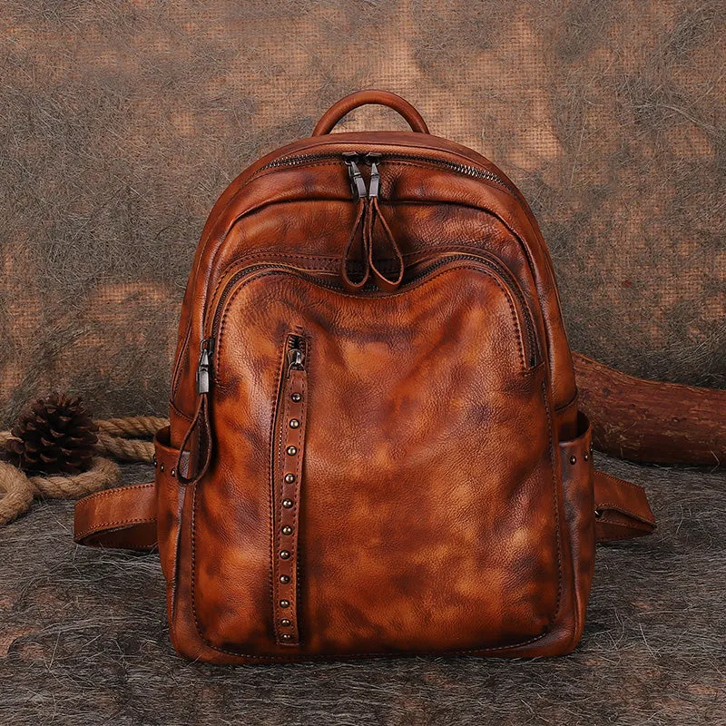 Best Black Gray Leather Rucksack Bag Womens Vintage School Backpack With Rivet Leather Backpack Purse