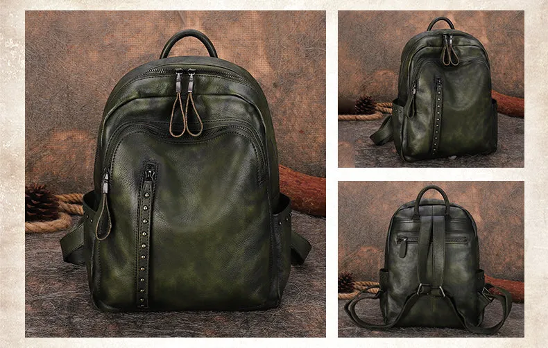 Best Black Gray Leather Rucksack Bag Womens Vintage School Backpack With Rivet Leather Backpack Purse