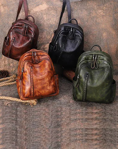 Best Black Gray Leather Rucksack Bag Womens Vintage School Backpack With Rivet Leather Backpack Purse