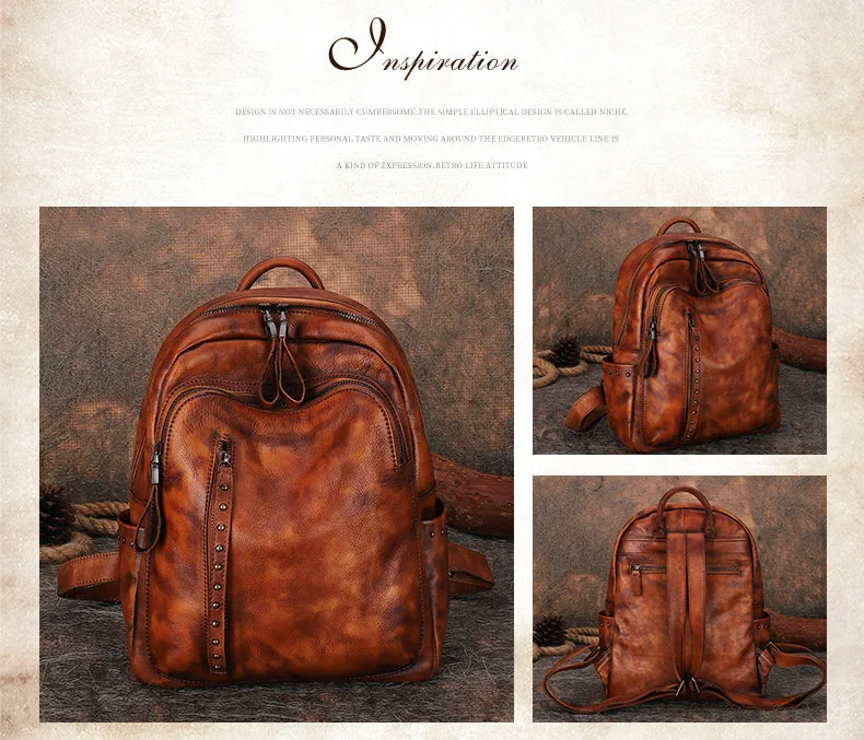 Best Black Gray Leather Rucksack Bag Womens Vintage School Backpack With Rivet Leather Backpack Purse